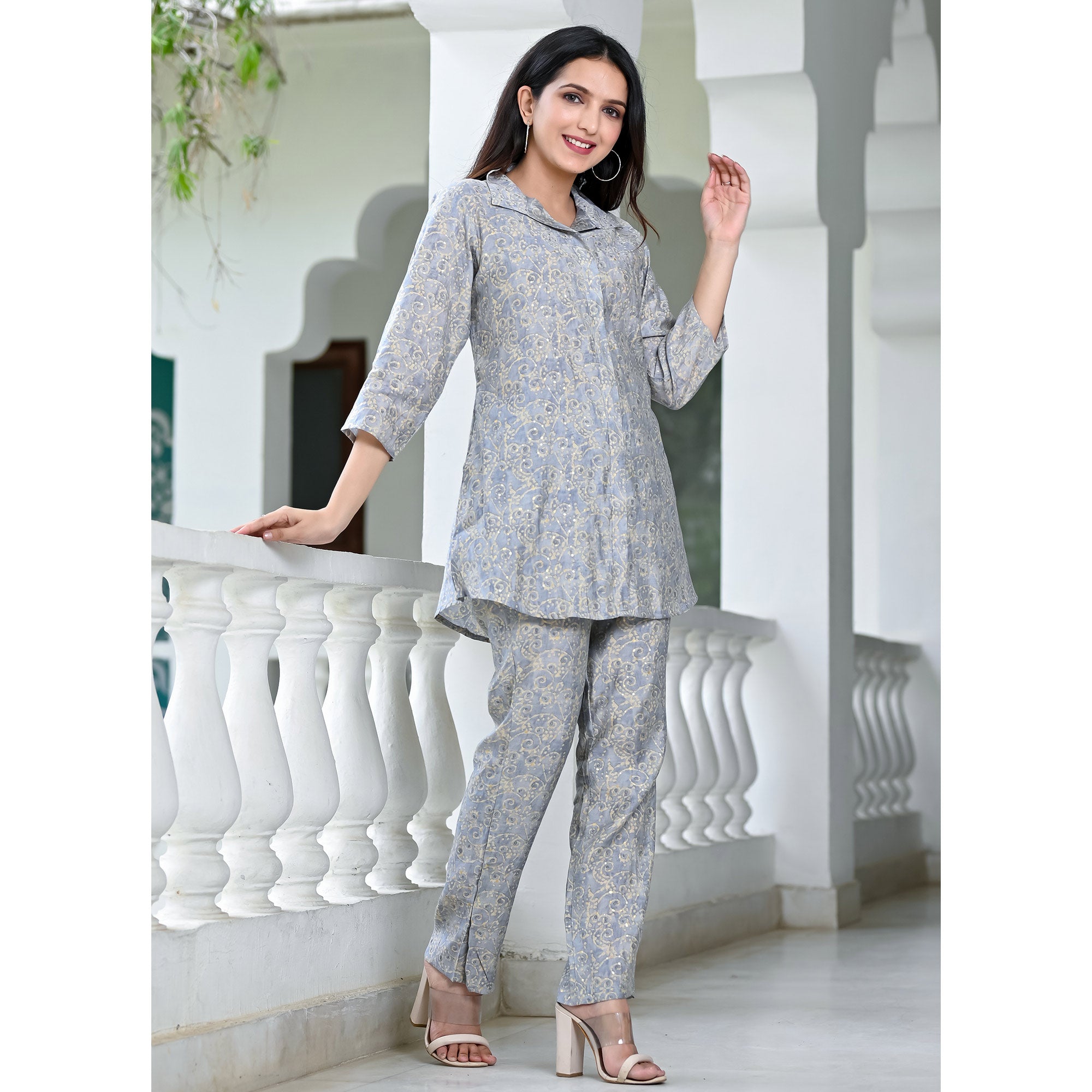 Grey Floral Printed Chanderi Co Ord Set