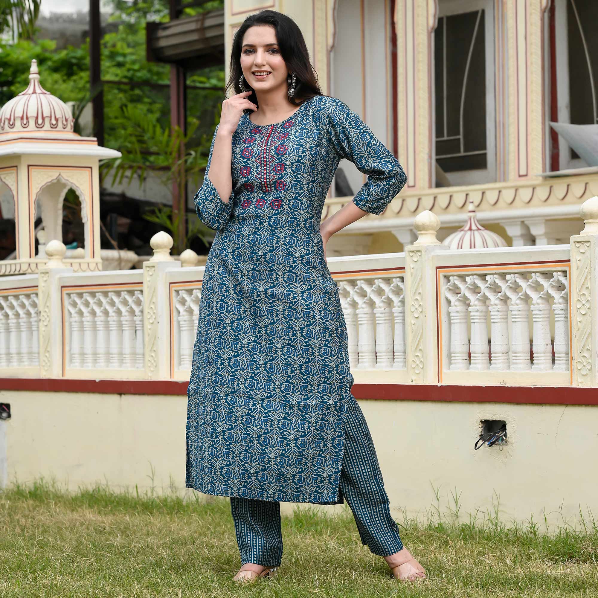 Blue Floral Printed Modal Kurti Pant Set