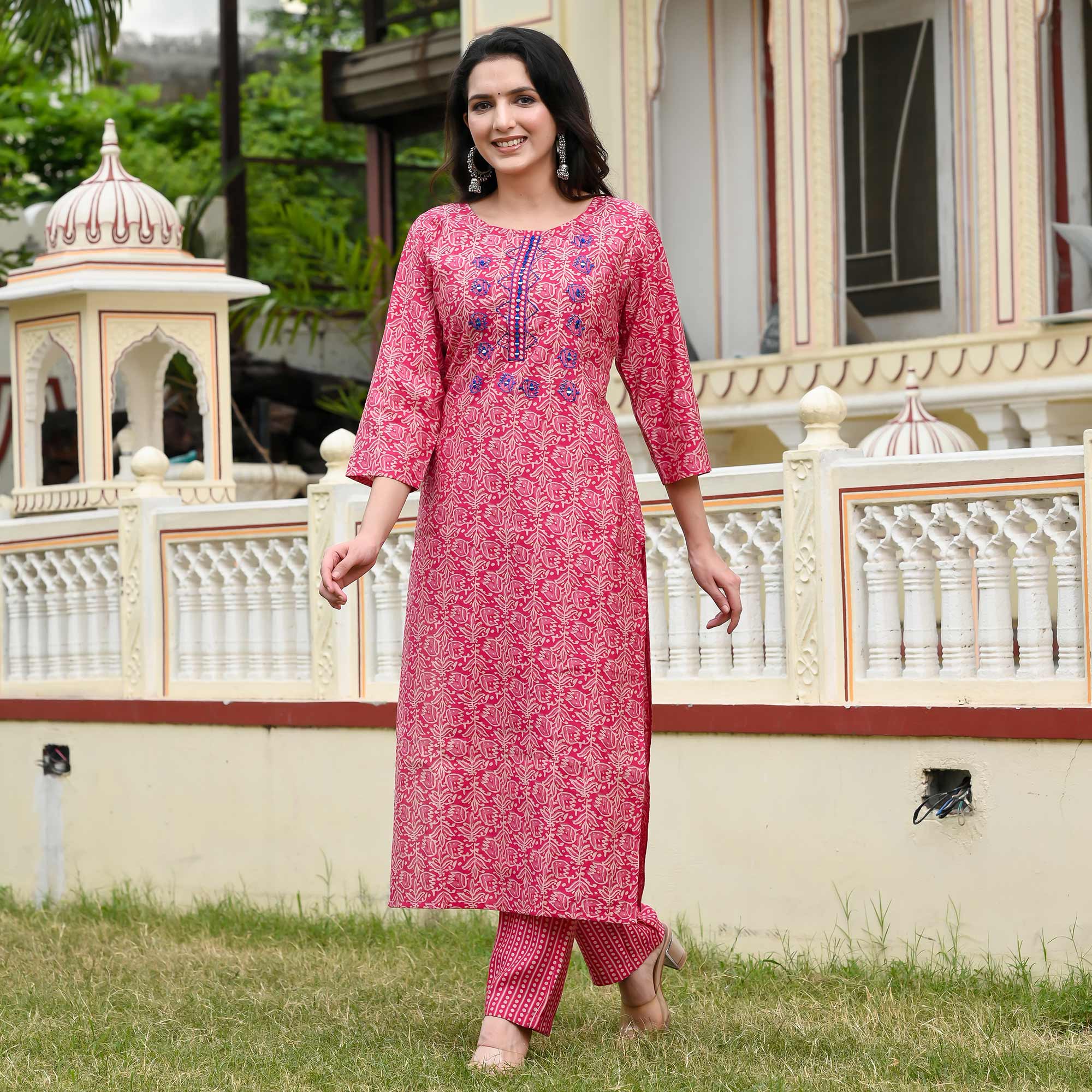 Pink Floral Printed Modal Kurti Pant Set