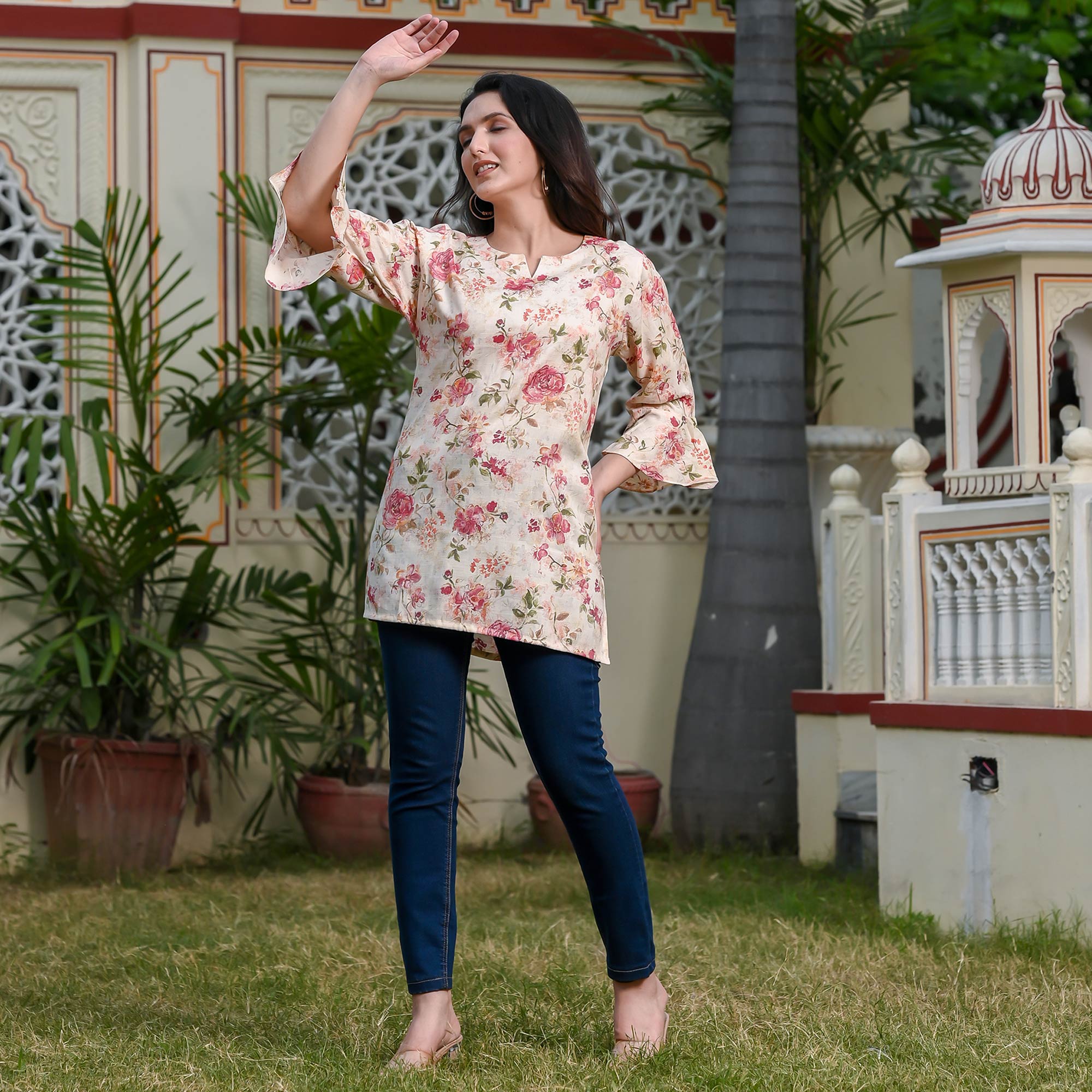 White & Peach Floral Printed Rayon Top