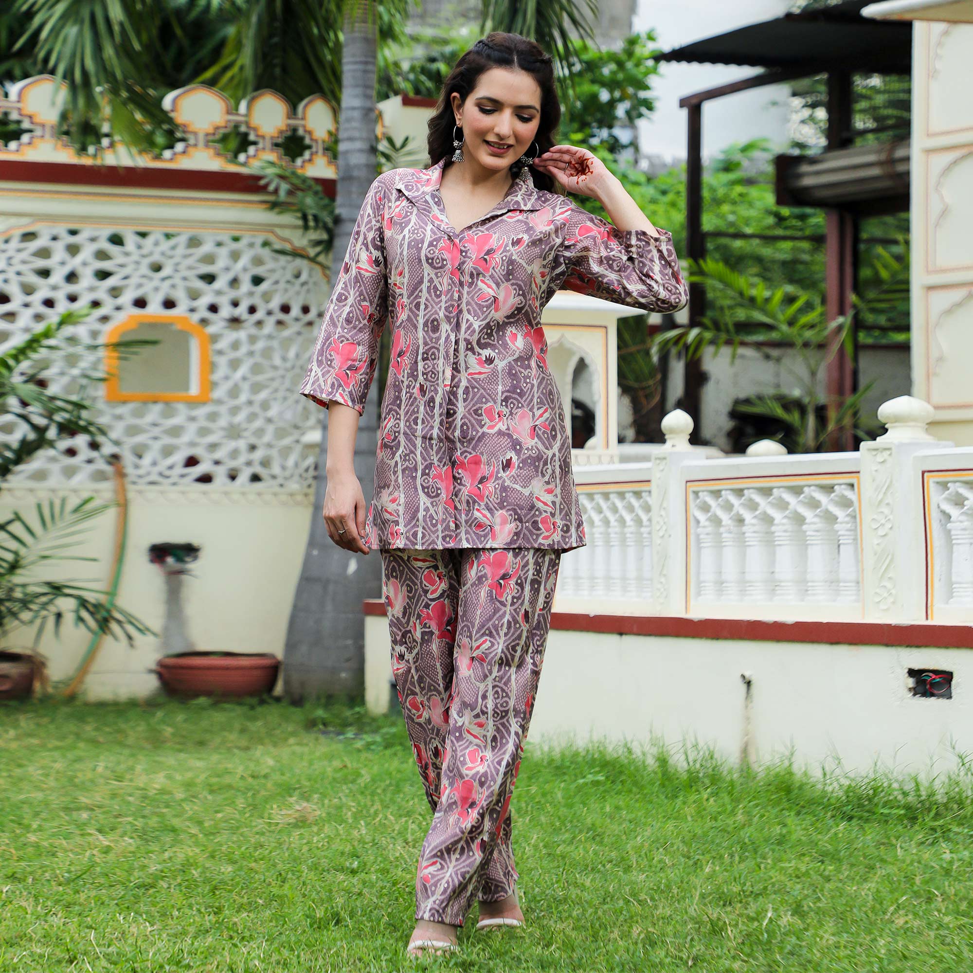 Brown Floral Foil Printed Chanderi Co Ord Set