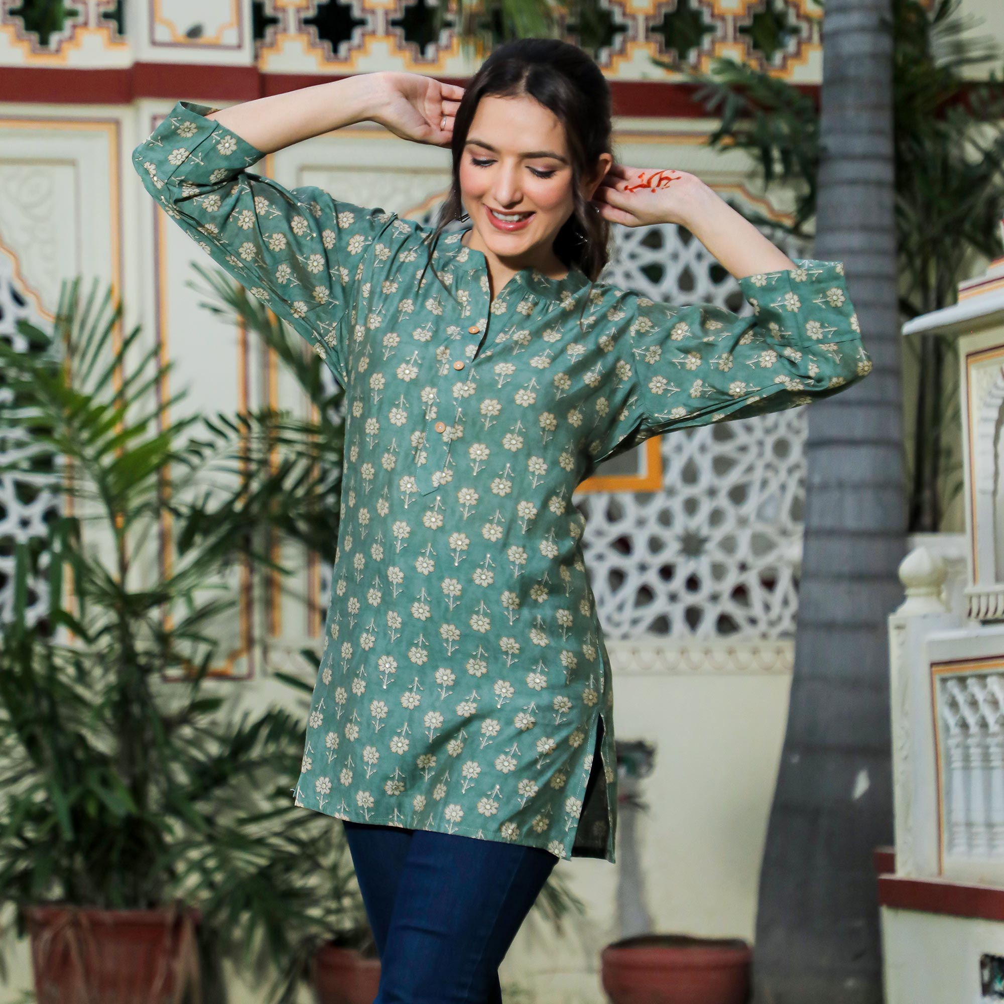 Green Floral Foil Printed Chanderi Top