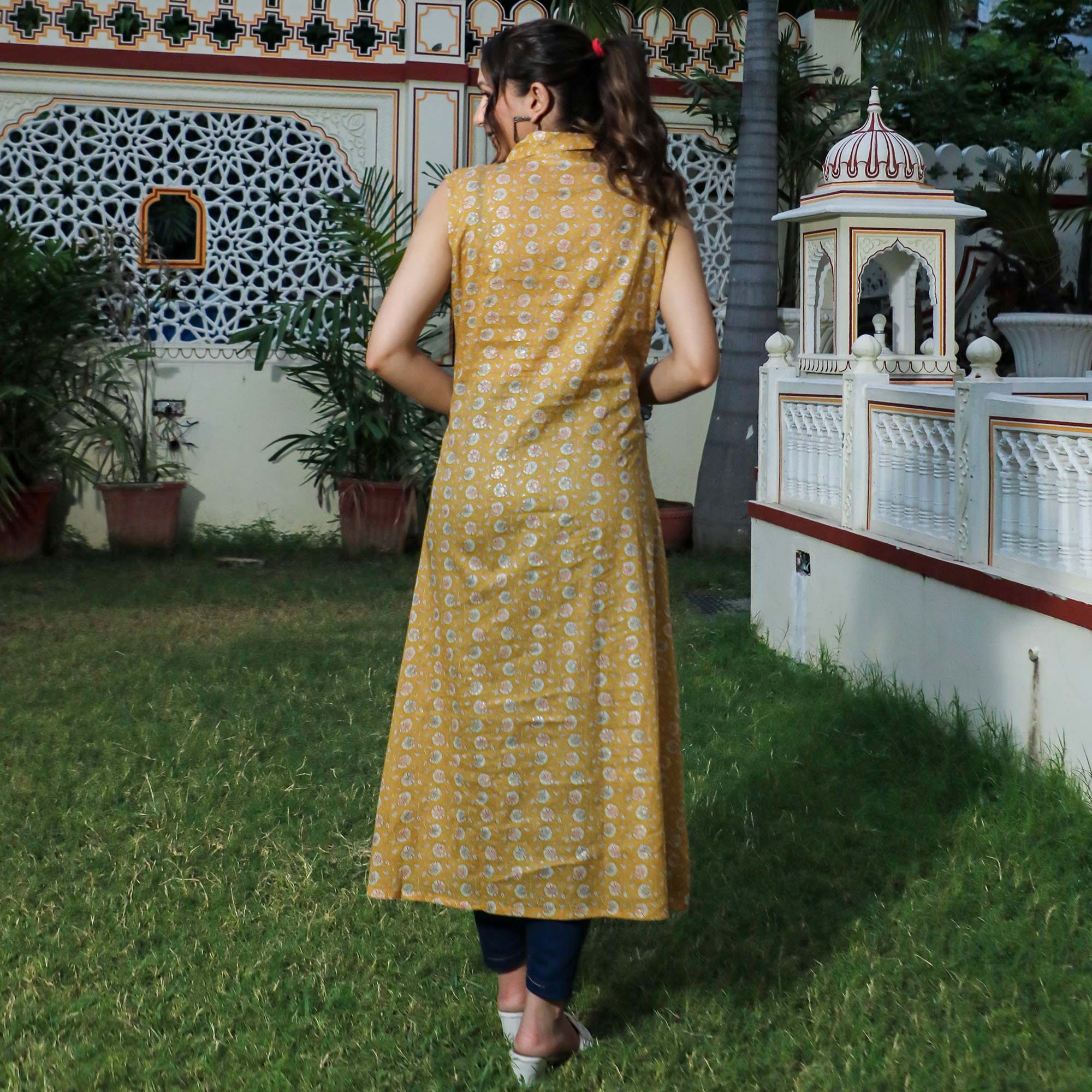 Mustard Floral Foil Printed Pure Cotton A-Line Kurti