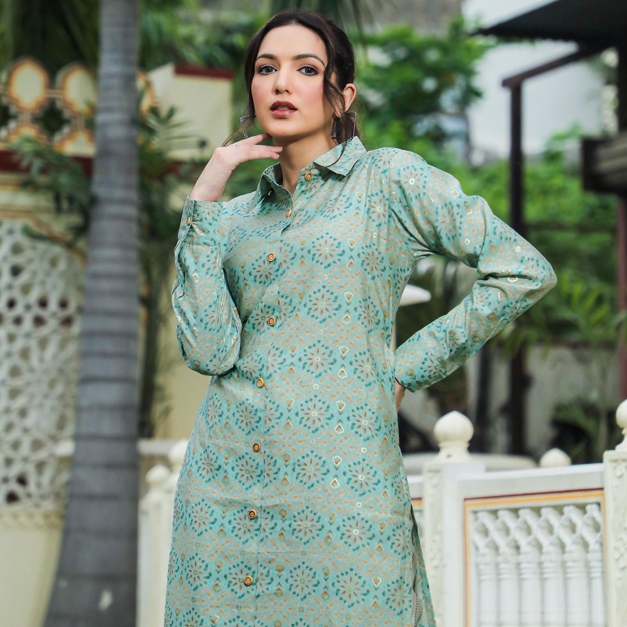 Green Foil Printed Chanderi Kurti Pant Set