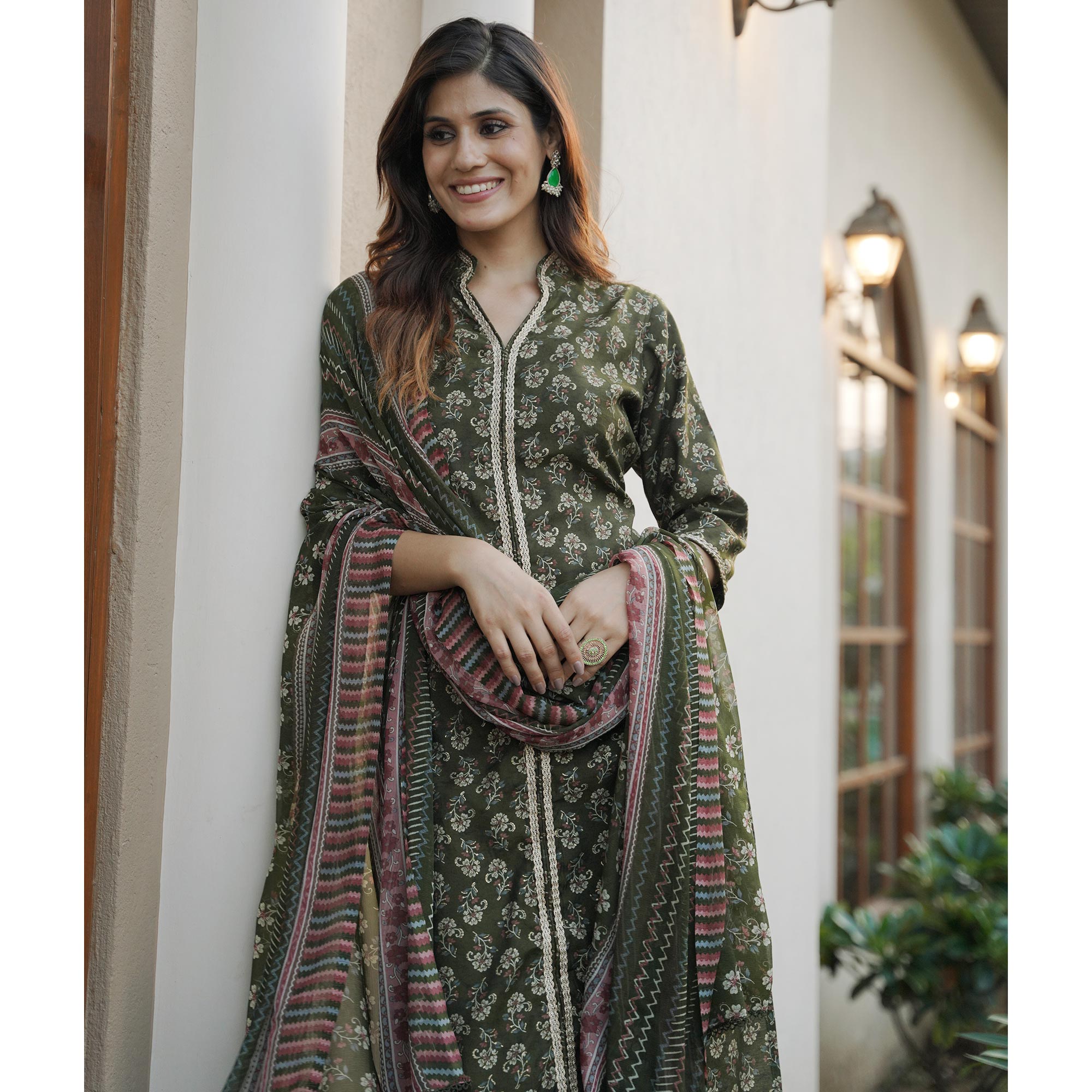 Green Floral Foil Printed Modal Suit