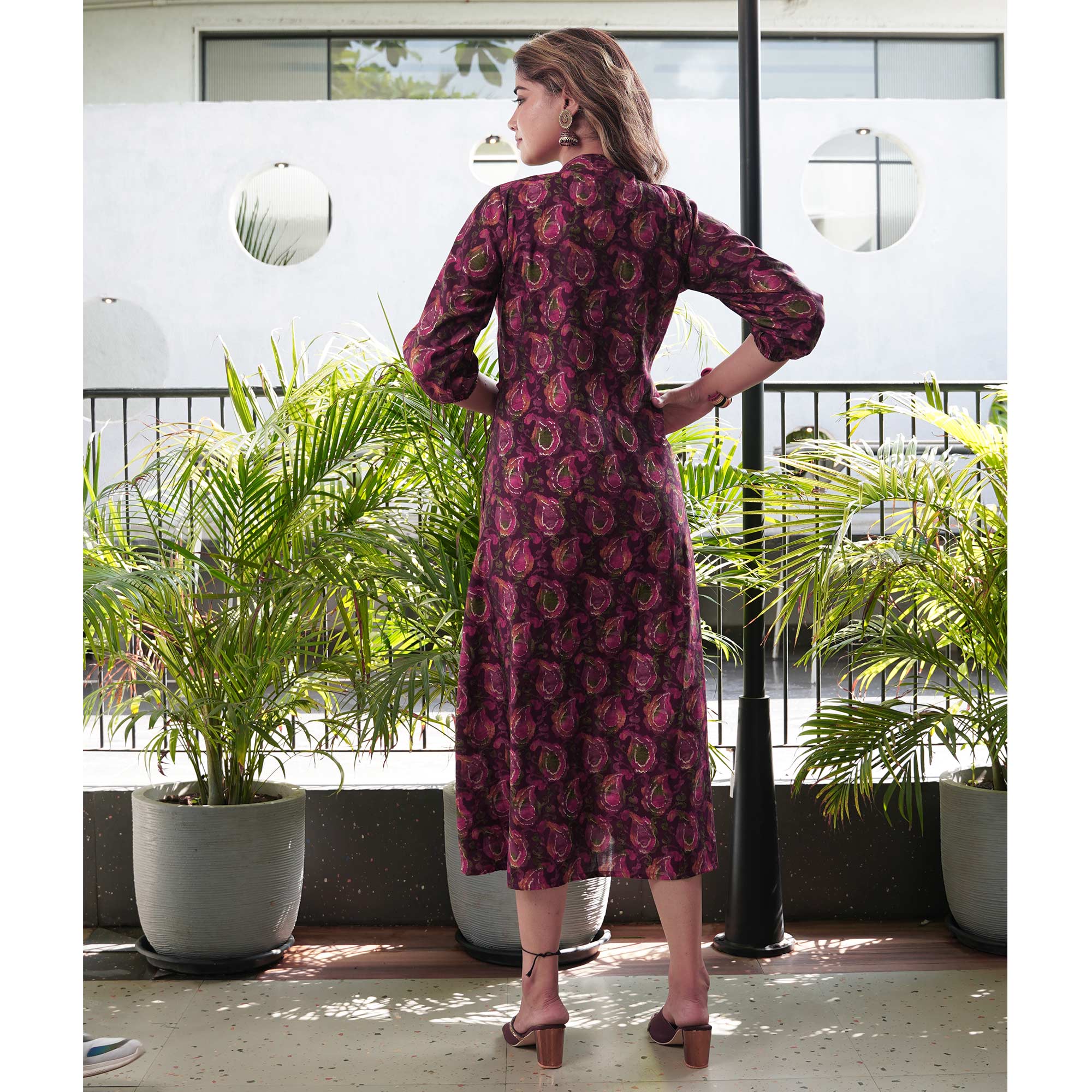 Wine Paisley Printed Chanderi A-Line Dress