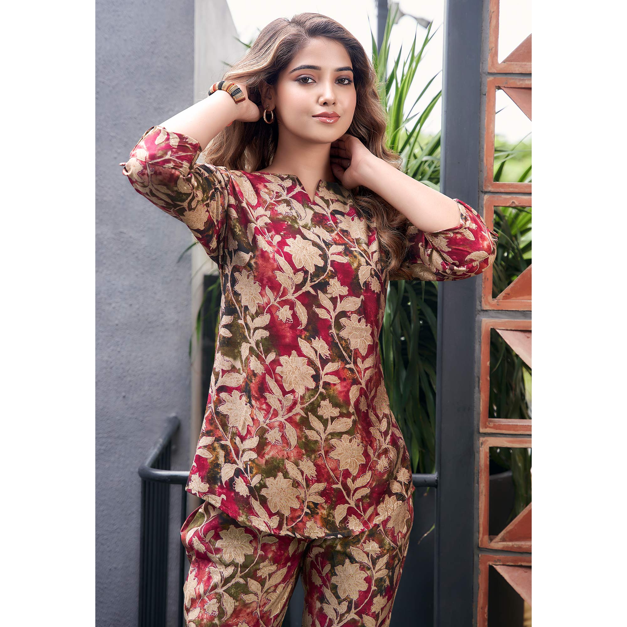 Wine Foil Printed Chanderi Silk Co-ord Set