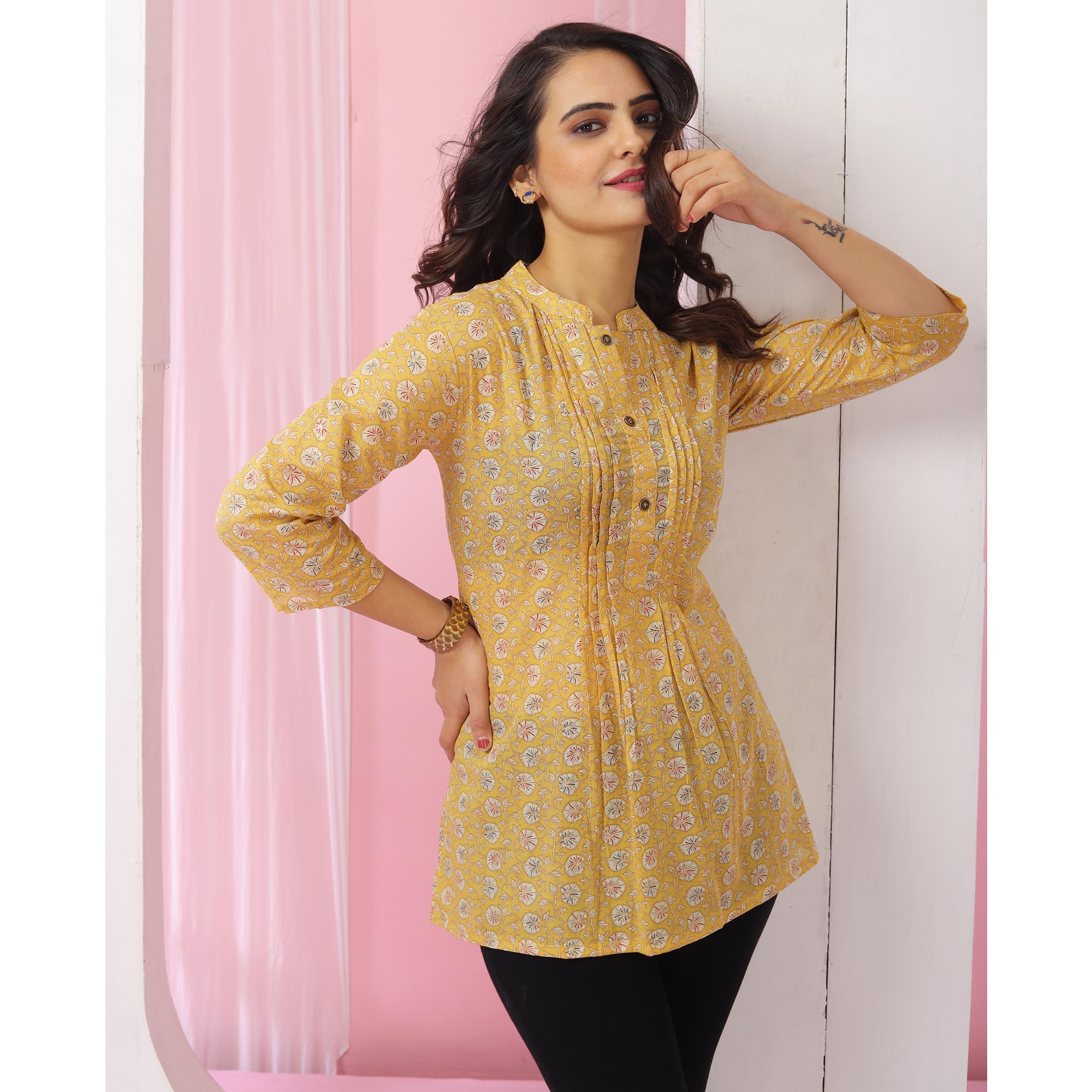 Yellow Foil Printed Pure Cotton Top