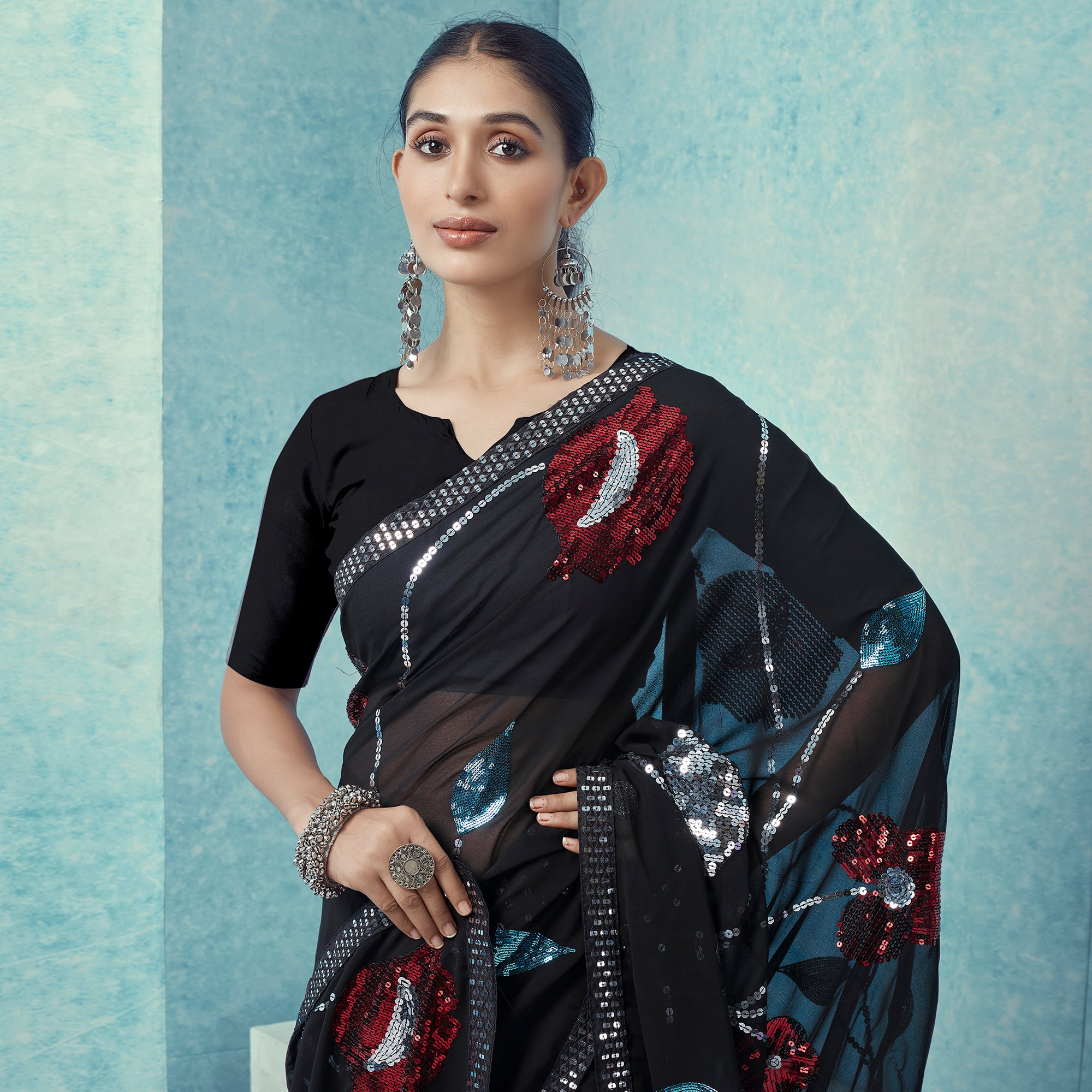 Black Sequins Embroidered Georgette Saree