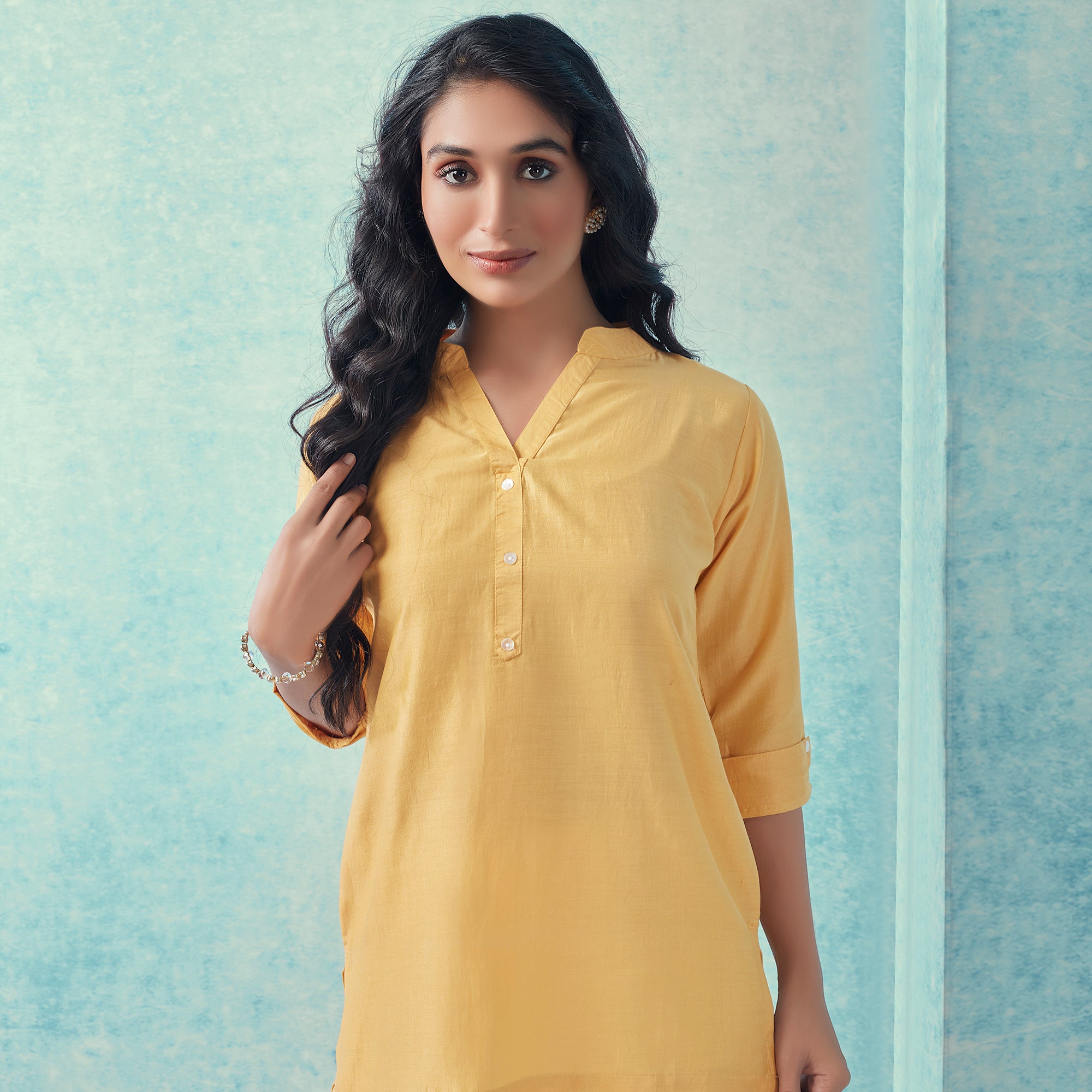 Yellow Solid Cotton Blend Top