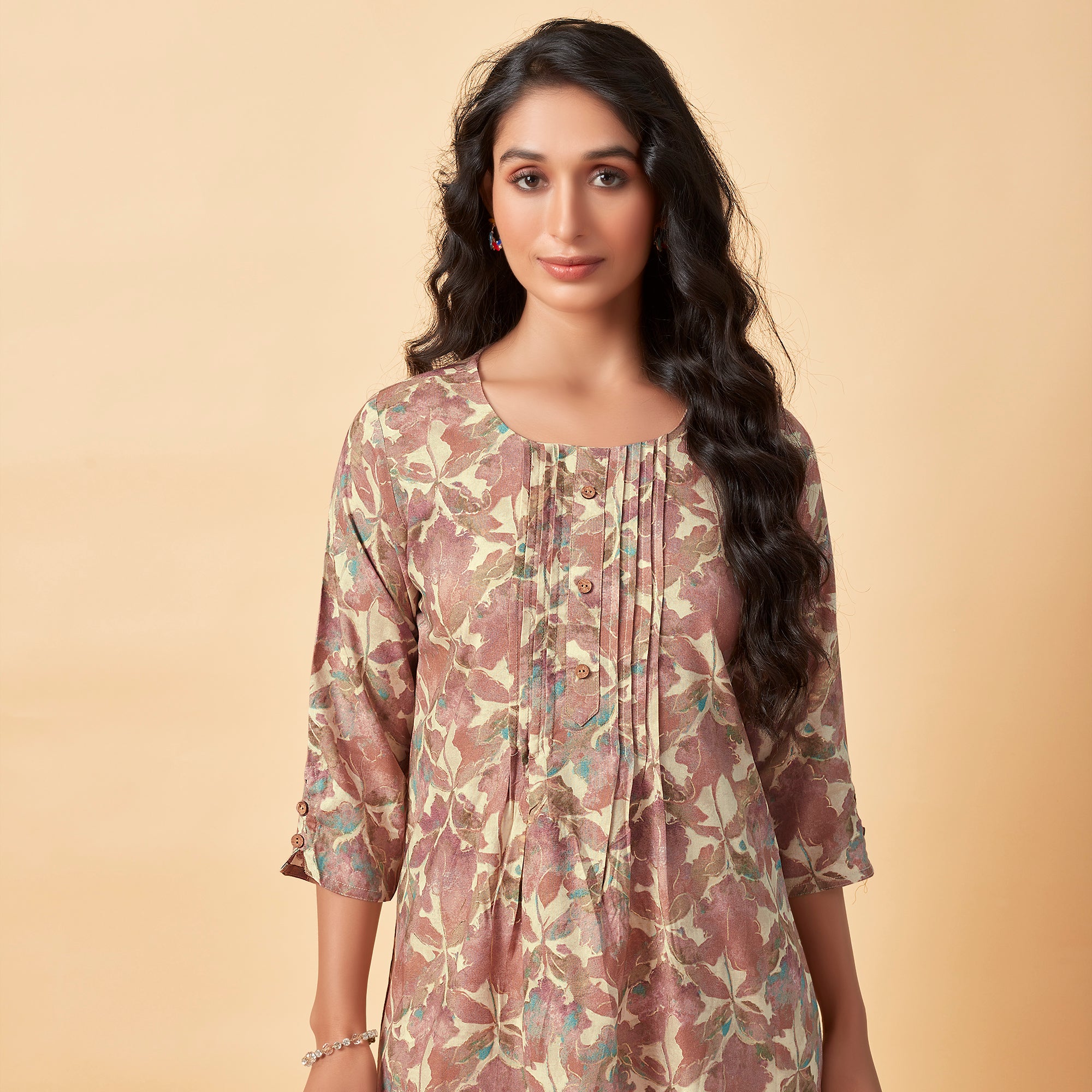 Brown Floral Foil Printed Rayon Top