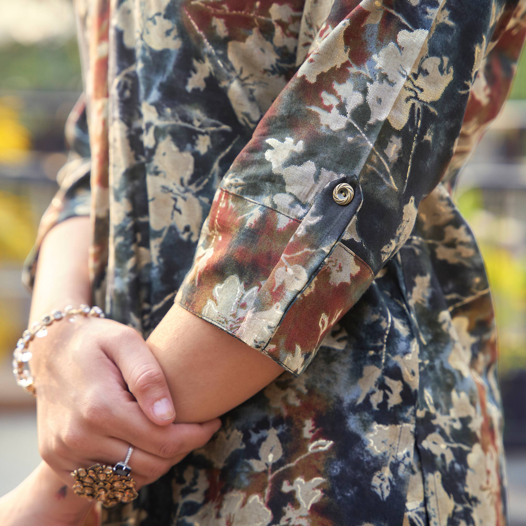 Navy Blue Floral Foil Printed Chanderi Silk Co Ord Set