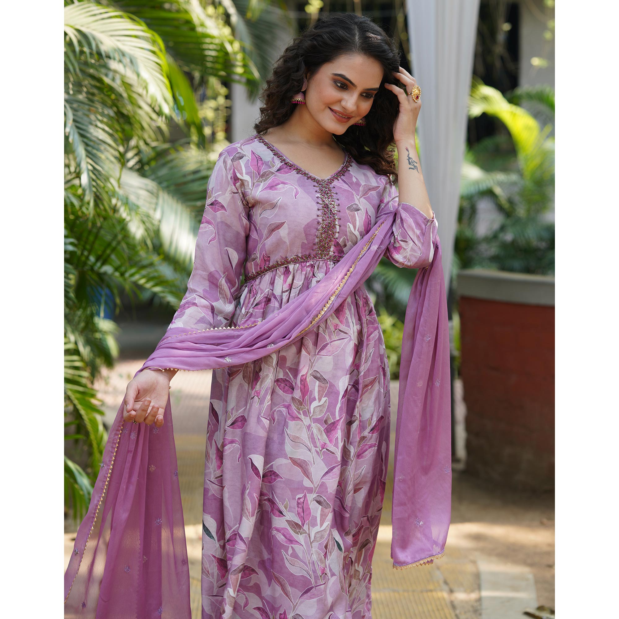 Lavender Muslin Digital Printed Alia Cut Suit With Beads Handcraft