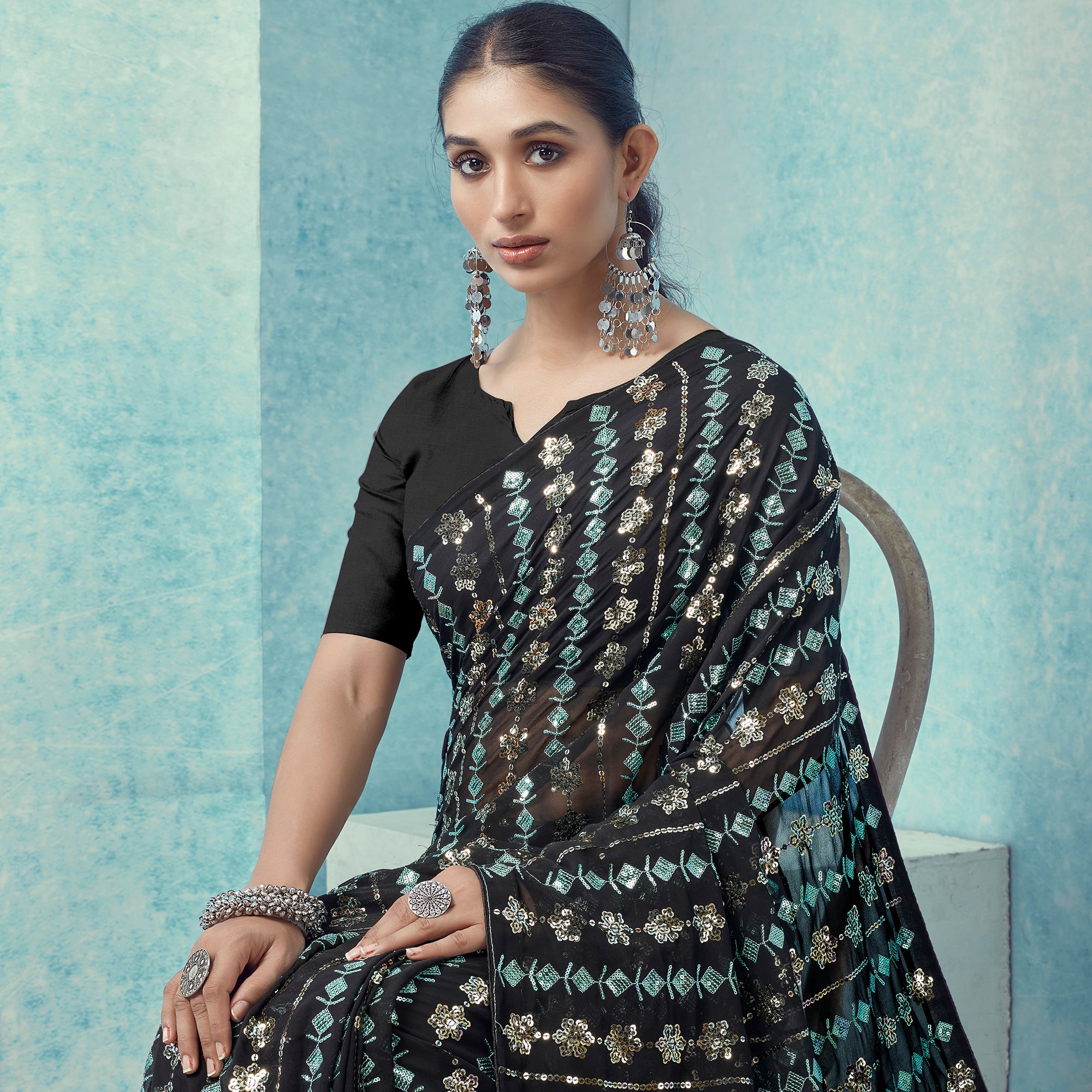 Black Sequins Embroidered Georgette Saree