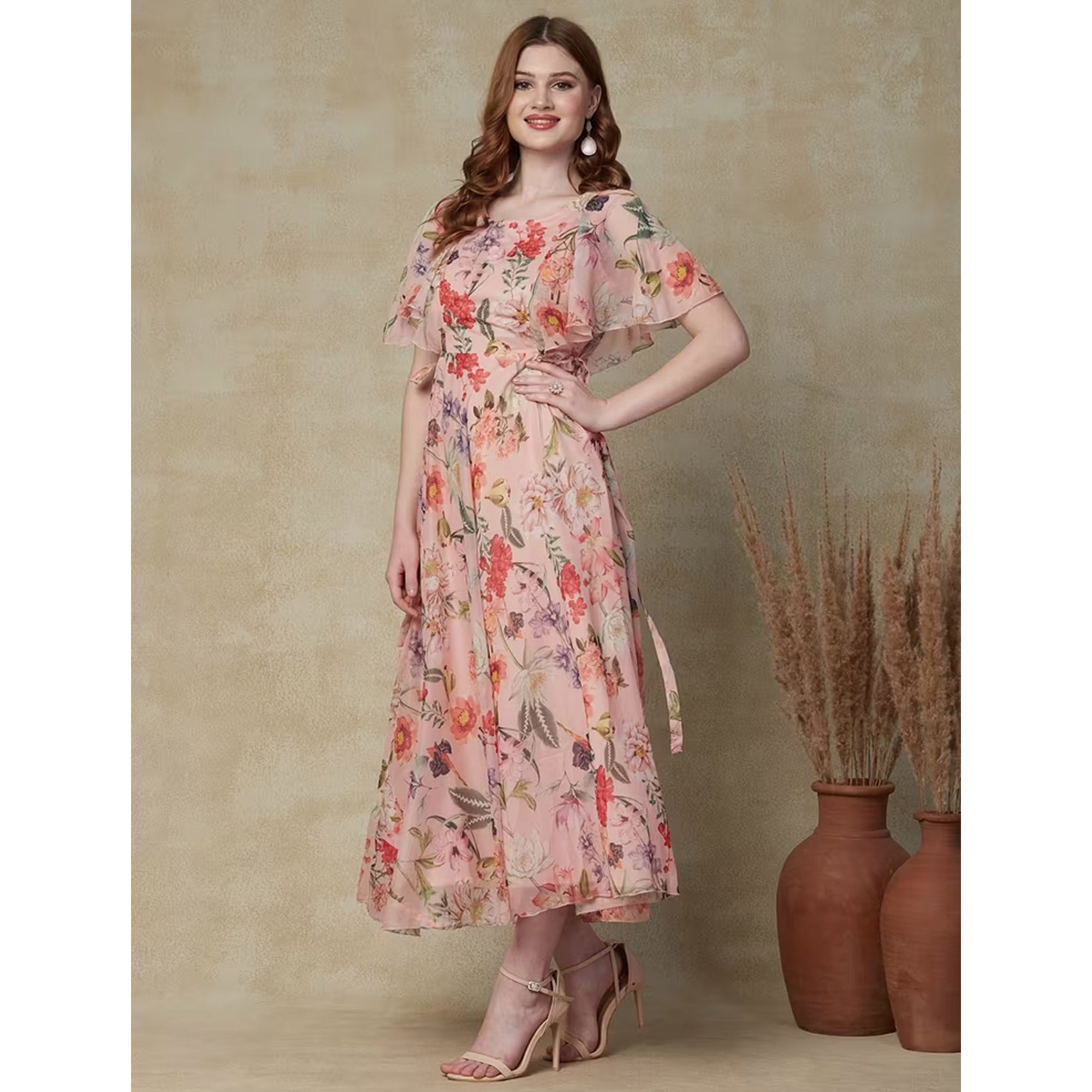 Peach Floral Printed A-Line Chiffon Dress