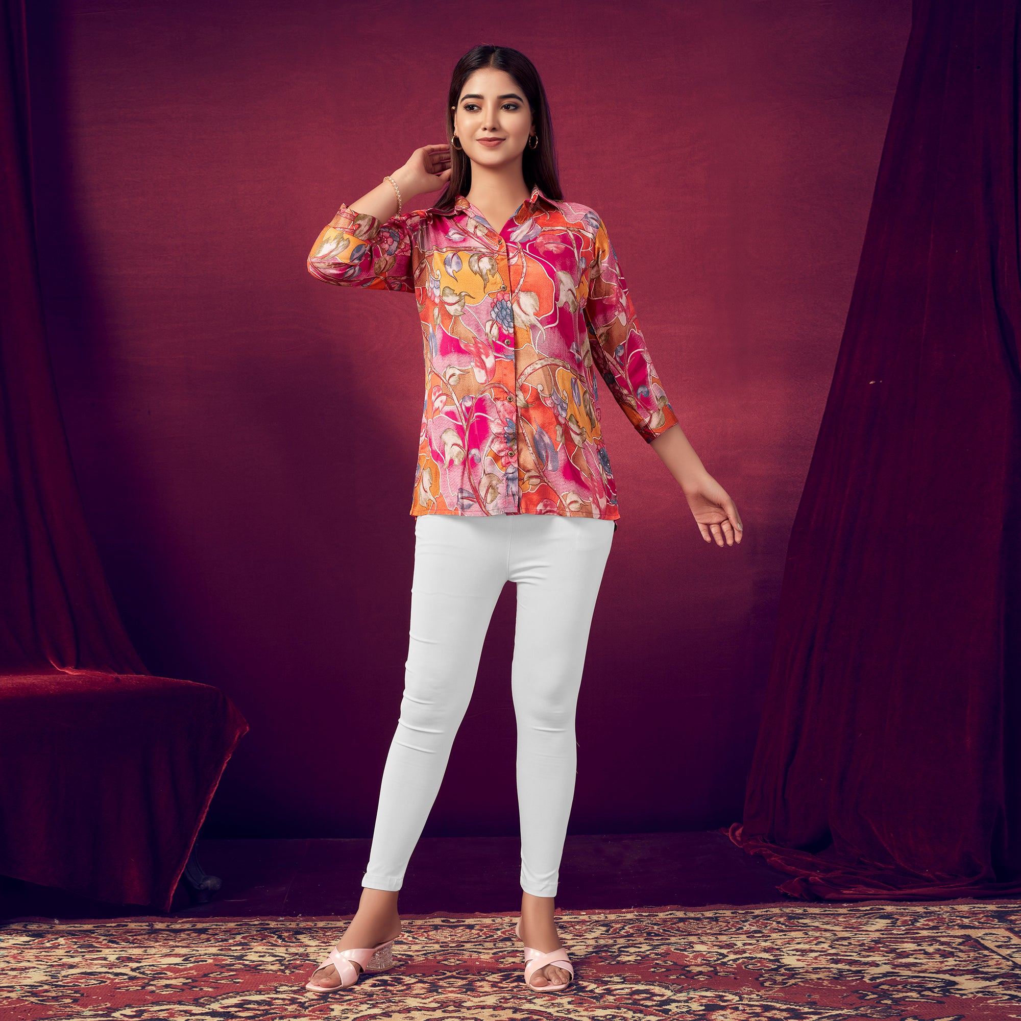 Pink Foil Printed Straight Muslin Top