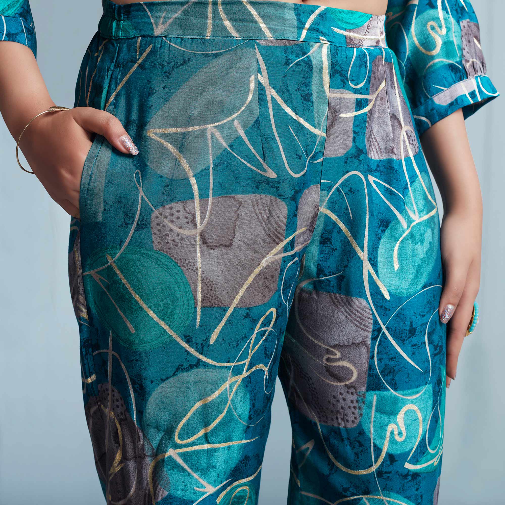 Teal Blue Foil Printed Chanderi Silk Co Ord Set With Handcrafted