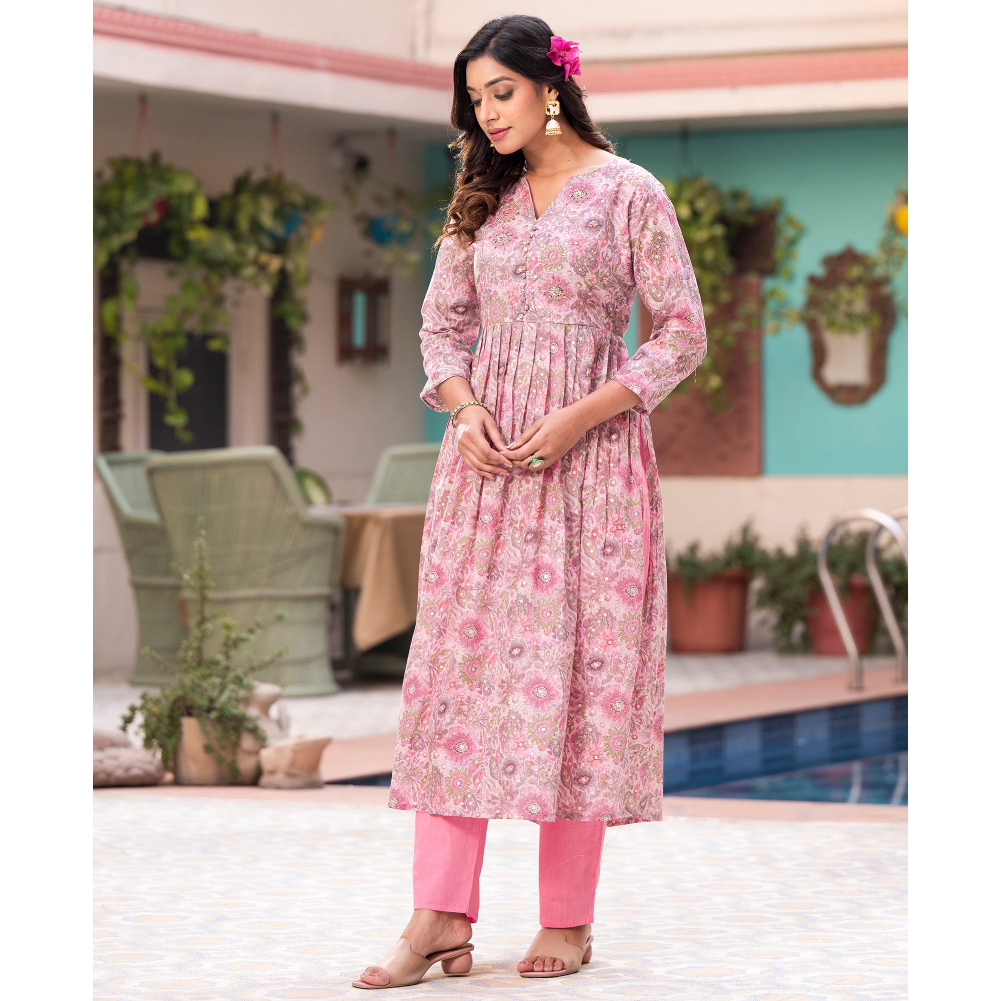 Pink Naira Cut Mulmul Cotton Suit with Handcrafted & Foil Print