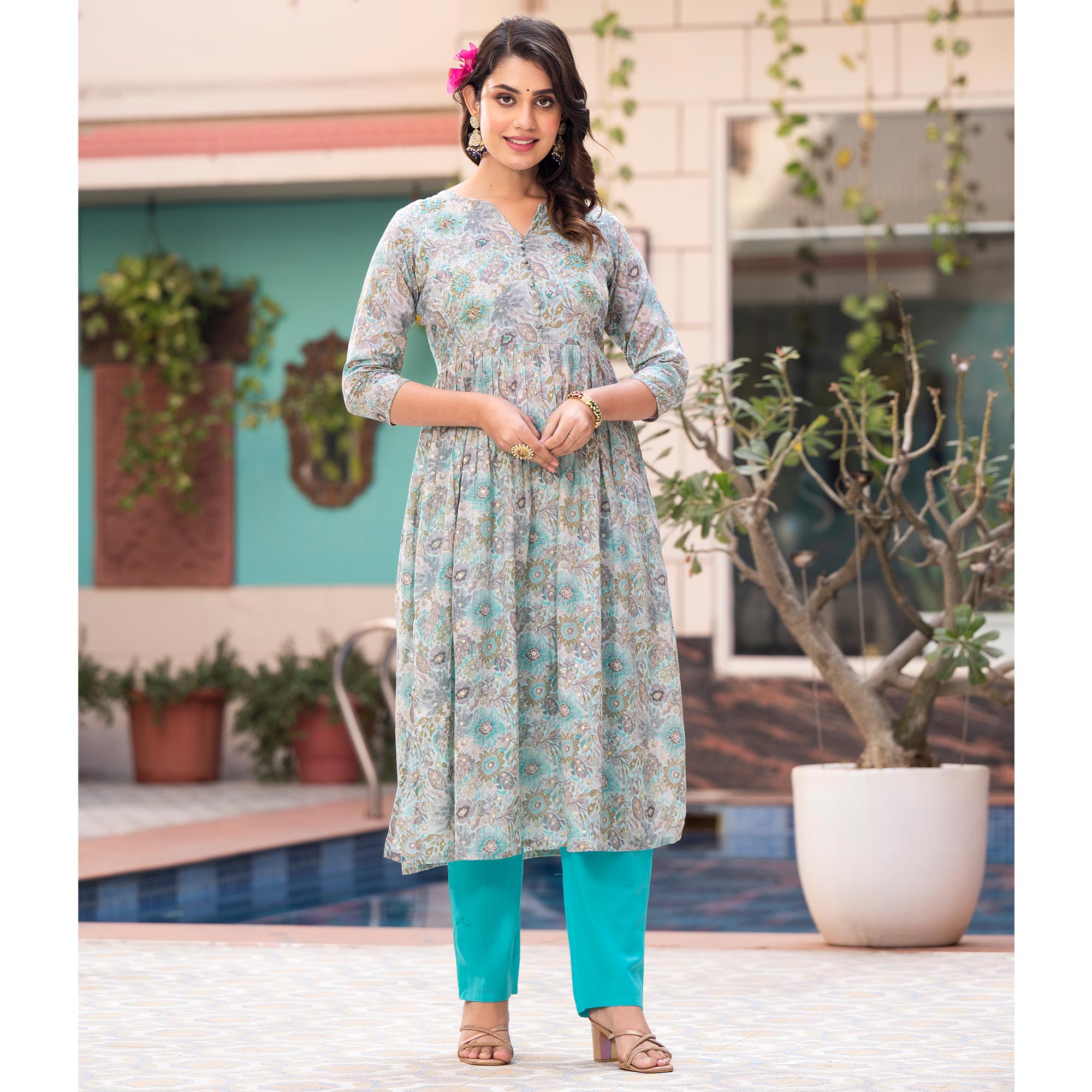 Turquoise Naira Cut Mulmul Cotton Suit with Handcrafted & Foil Print