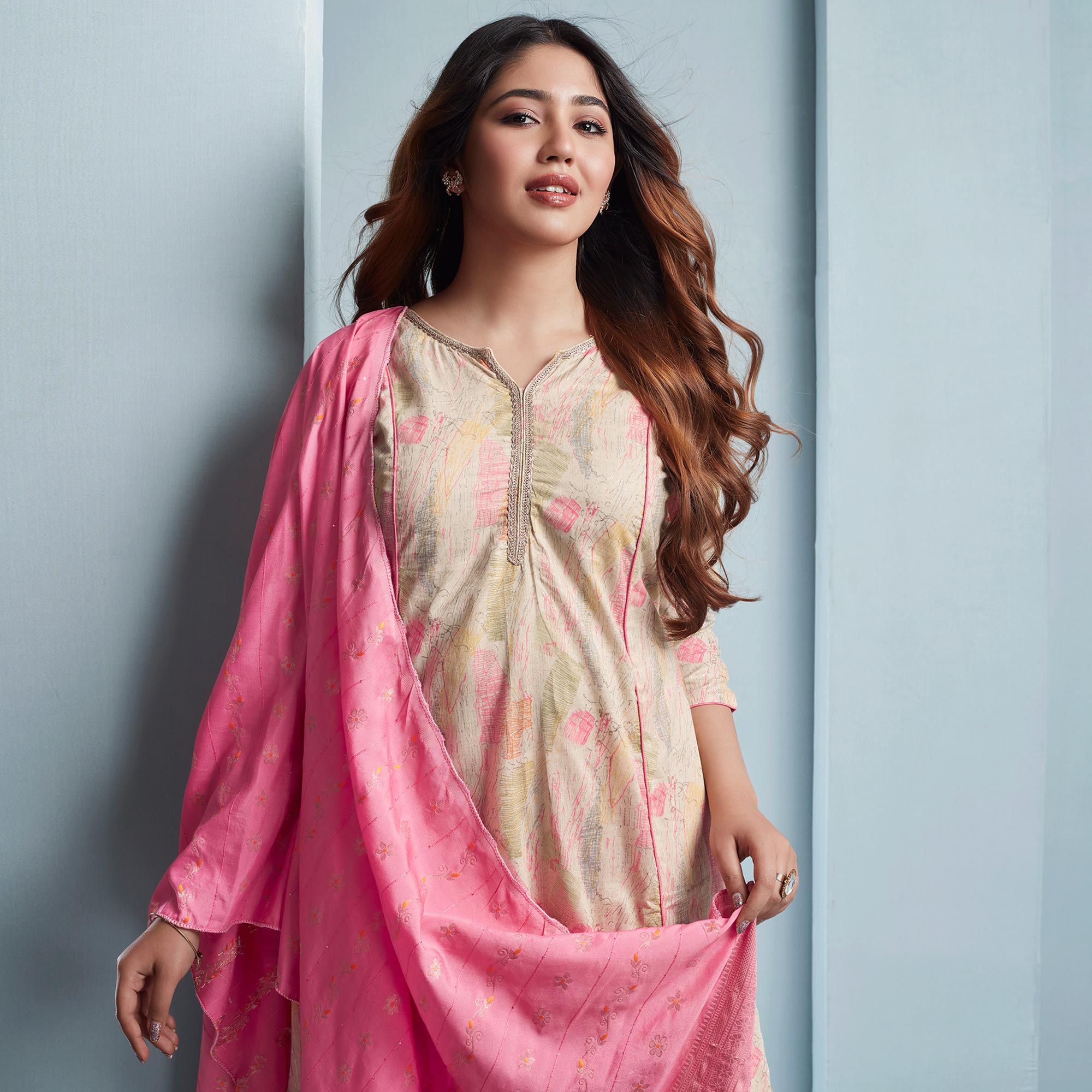 Off White Foil Printed Pure Cotton A-line Salwar Suit