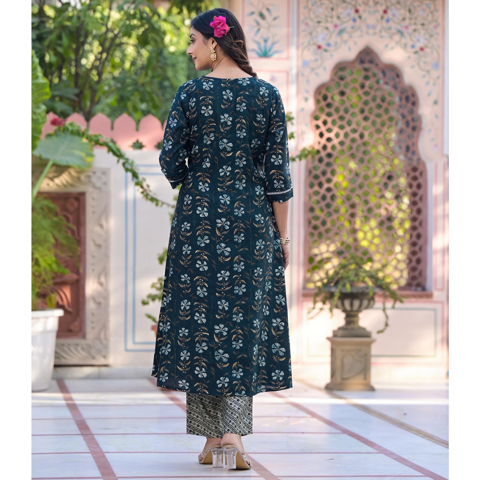 Teal Blue Anarkali Chanderi Silk Suit With Hancrafted & Foil Print
