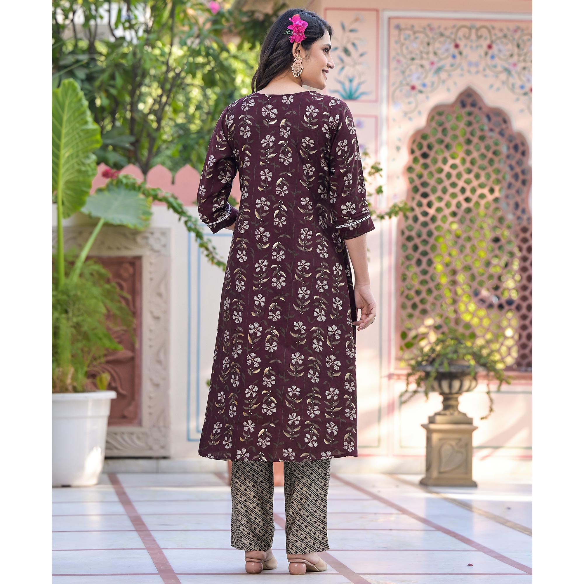 Wine Anarkali Chanderi Silk Suit With Hancrafted & Foil Print