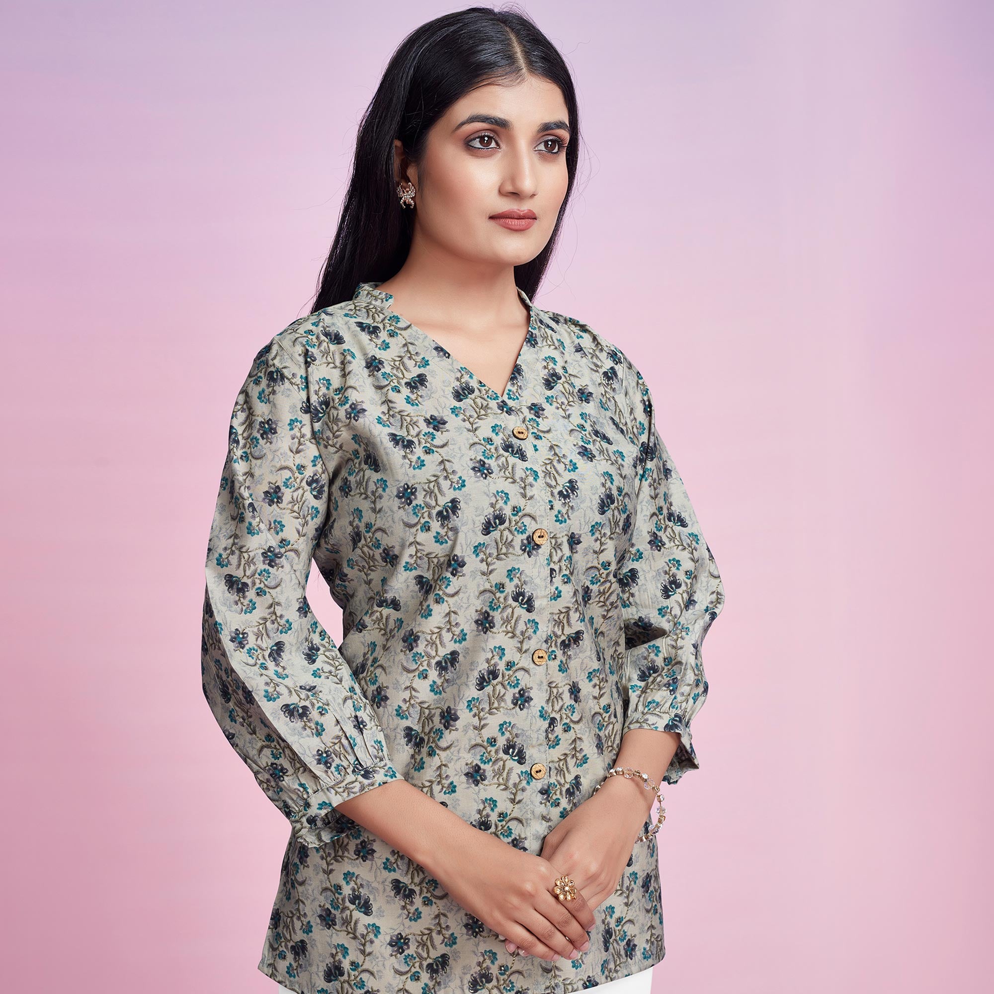 Off White & Blue Floral Foil Printed Chanderi Silk Top