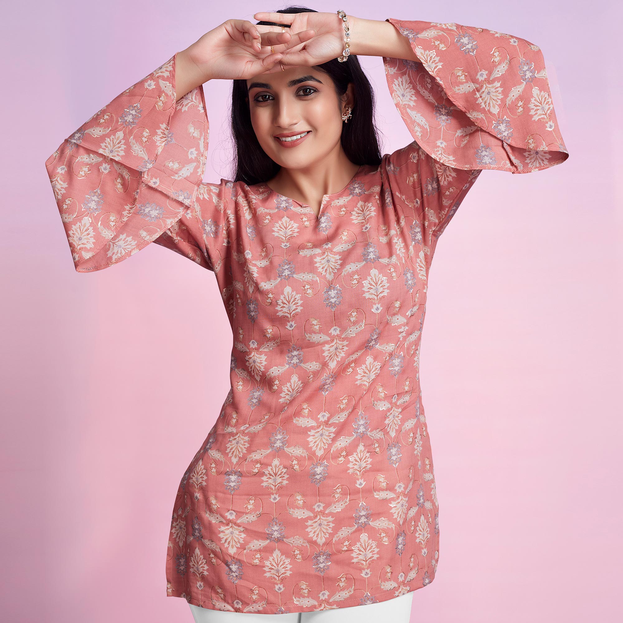 Peach Floral Foil Printed Chanderi Silk Top