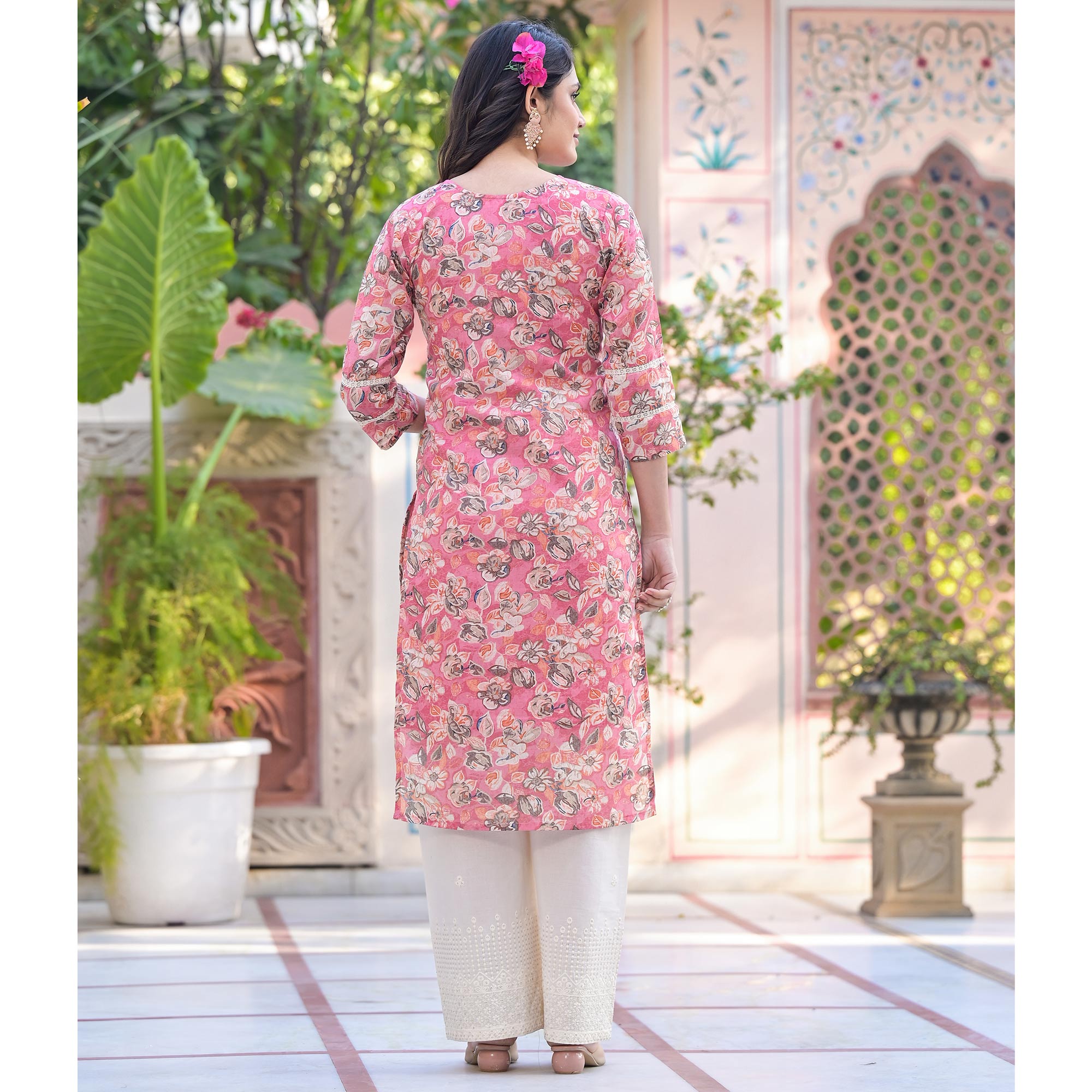 Pink Floral Mul Cotton Suit With Handcrafted & Foil Print