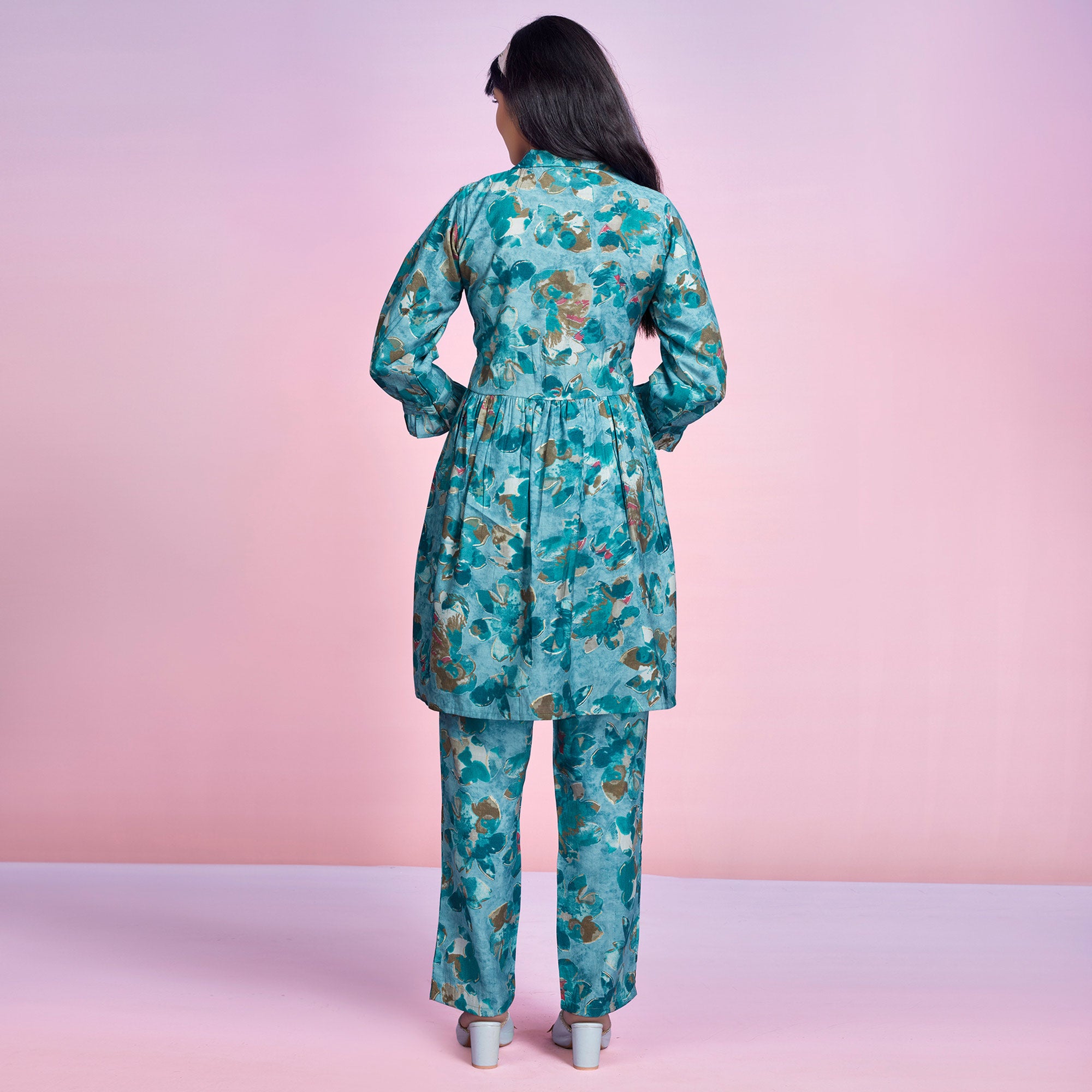 Turquoise Floral Foil Printed Chanderi Silk Co Ord Set