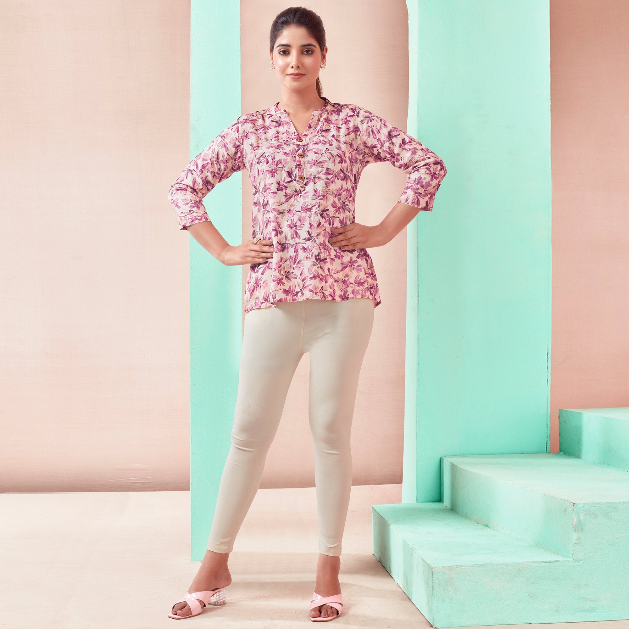 Cream & Pink Floral Foil Printed Rayon Straight Top