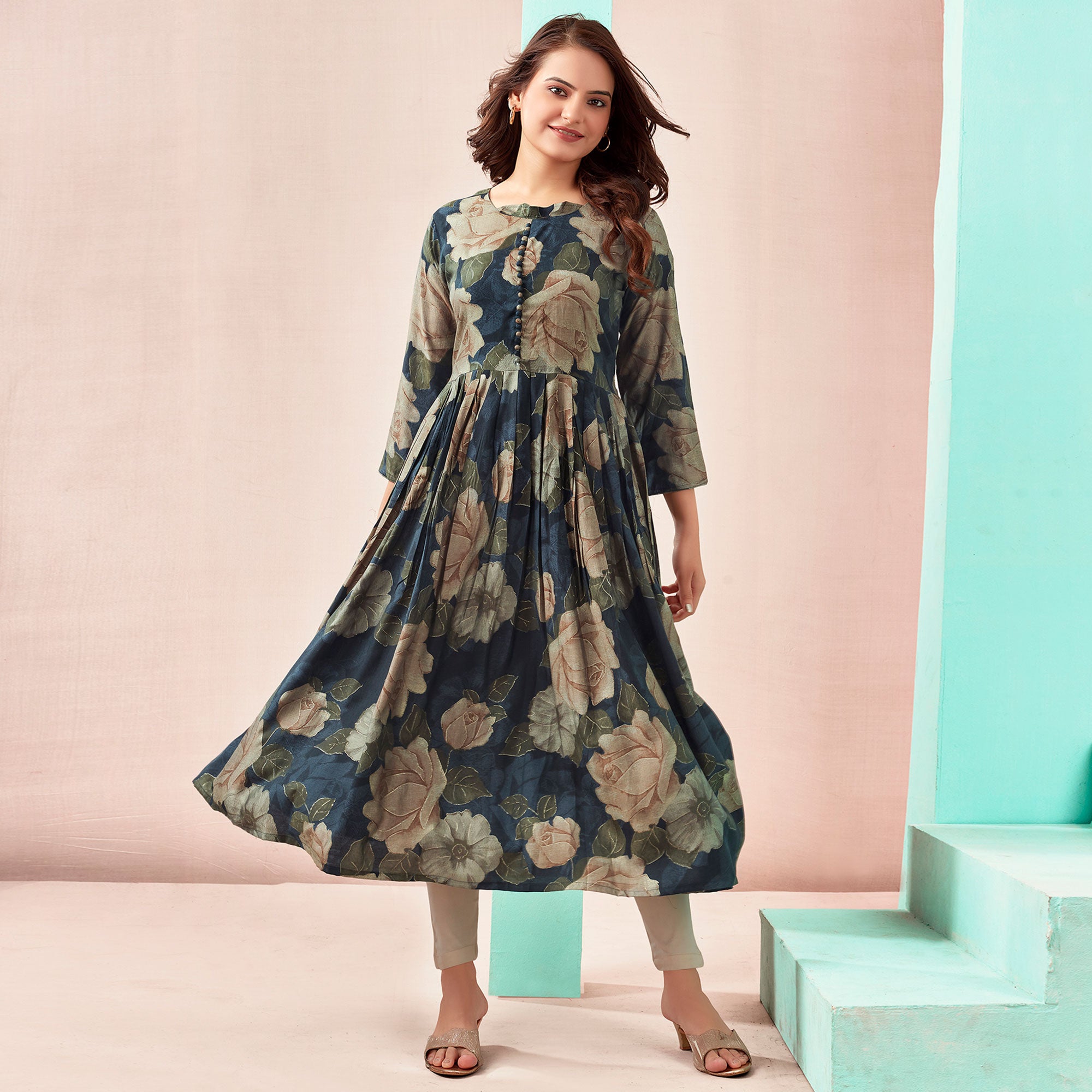 Navy Blue Floral Foil Printed Chanderi Silk Kurti