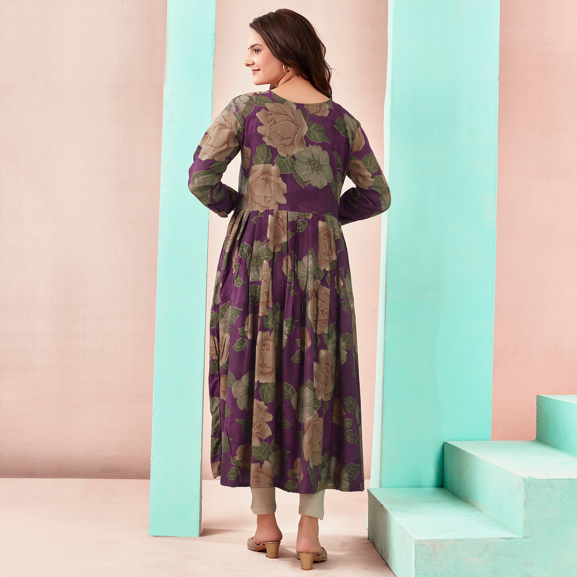 Wine Floral Foil Printed Chanderi Silk Kurti