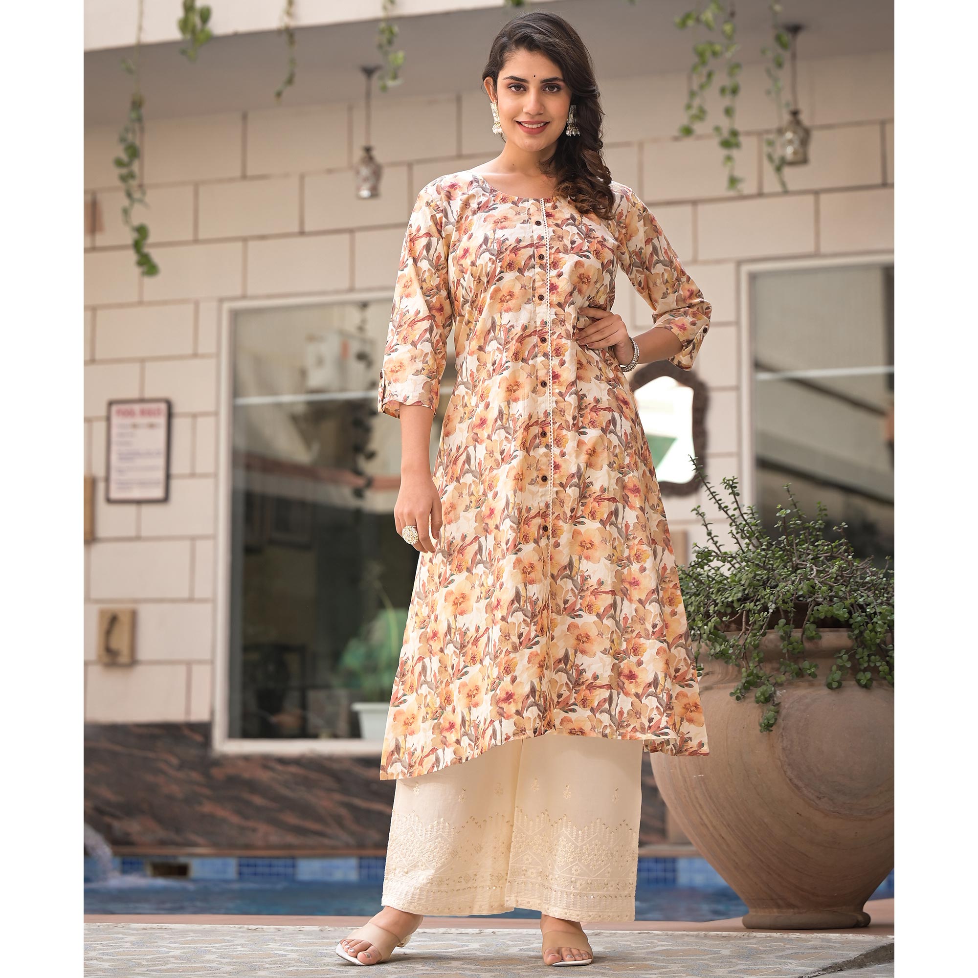 Off White Floral Printed Pure Cotton A-Line Plazzo Suit