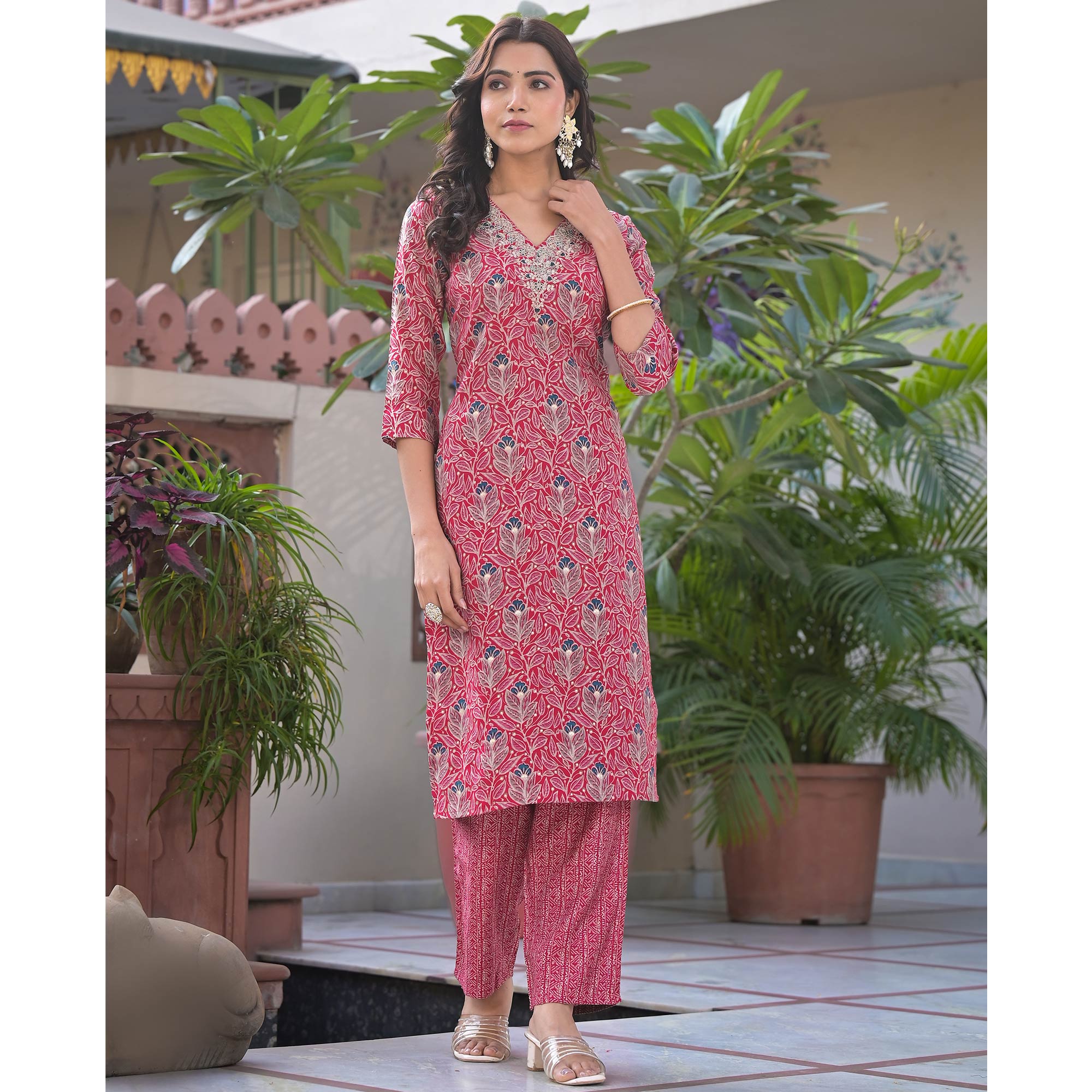 Pink Foil Printed Chanderi Straight Cut Salwar Suit