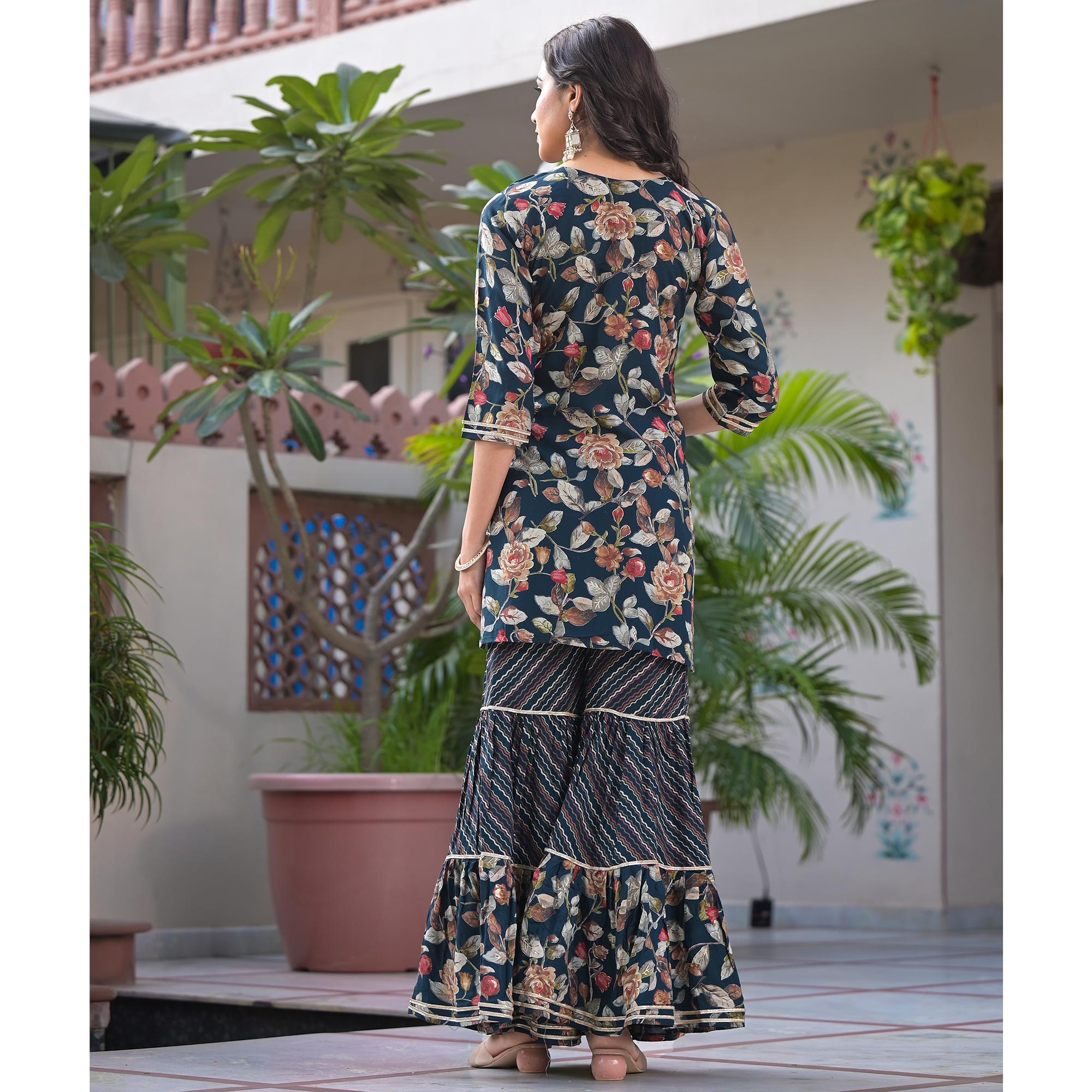Green Floral Foil Printed Rayon Sharara Suit With Handcrafted