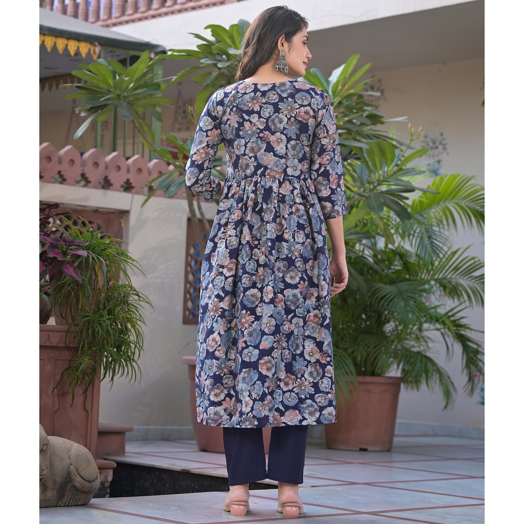 Navy Blue Floral Printed Chanderi Silk Salwar Suit With Handcrafted