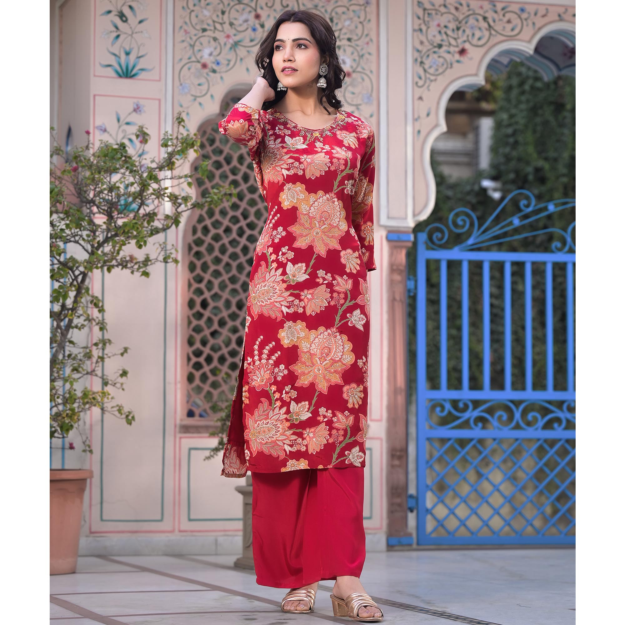 Red Floral Printed Beads Embroidered Crepe Salwar Suit