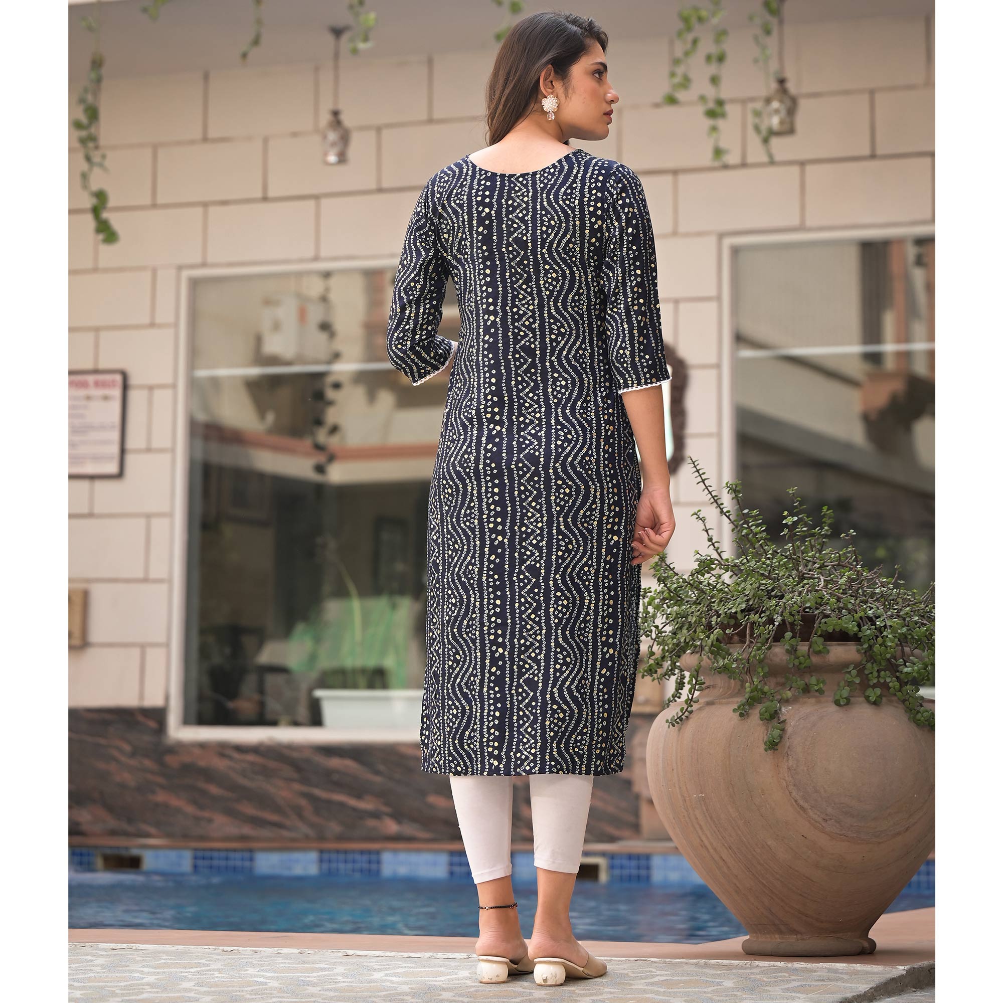 Blue Foil Bandhani Printed With Embroidered Rayon Kurti