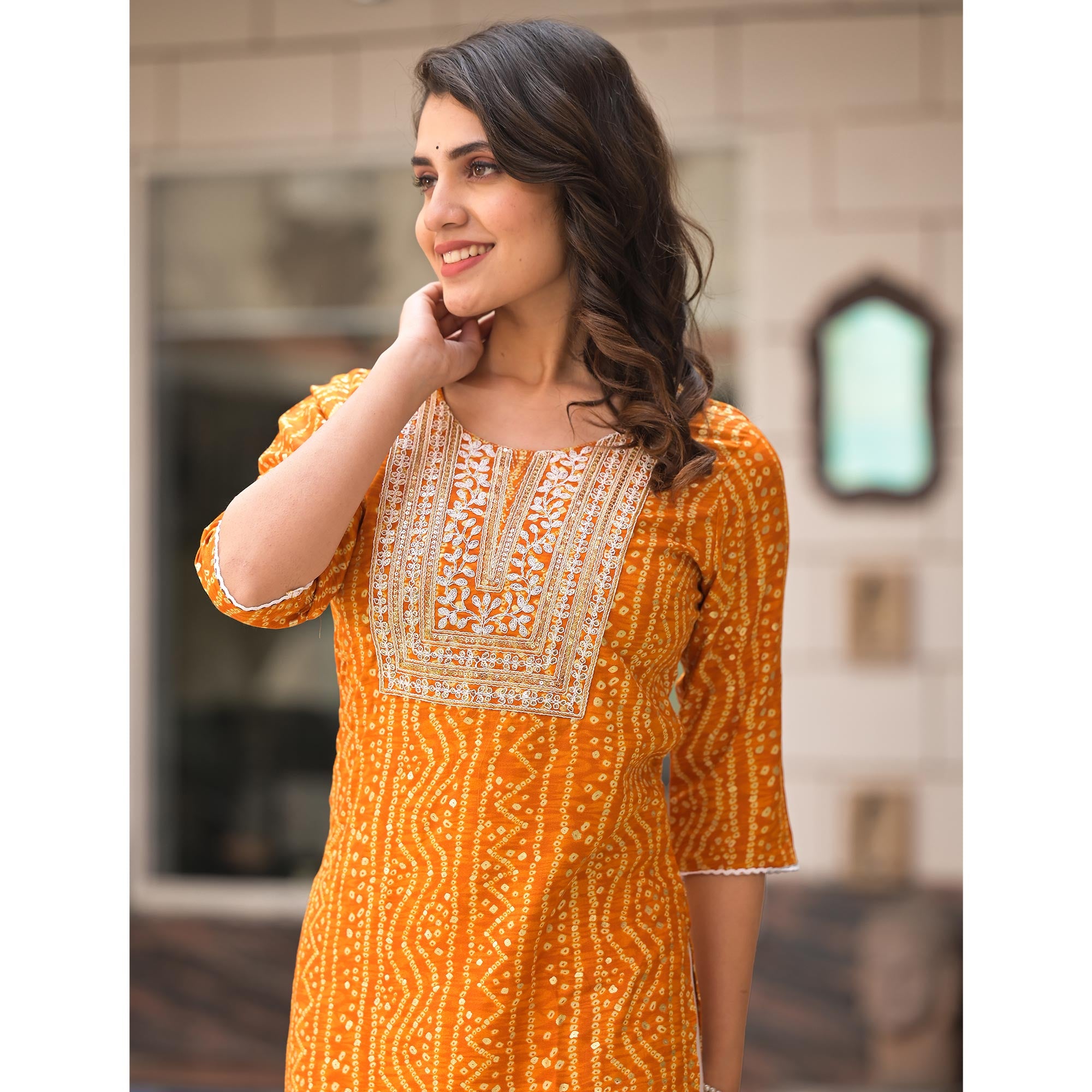 Mustard Foil Bandhani Printed With Embroidered Rayon Kurti