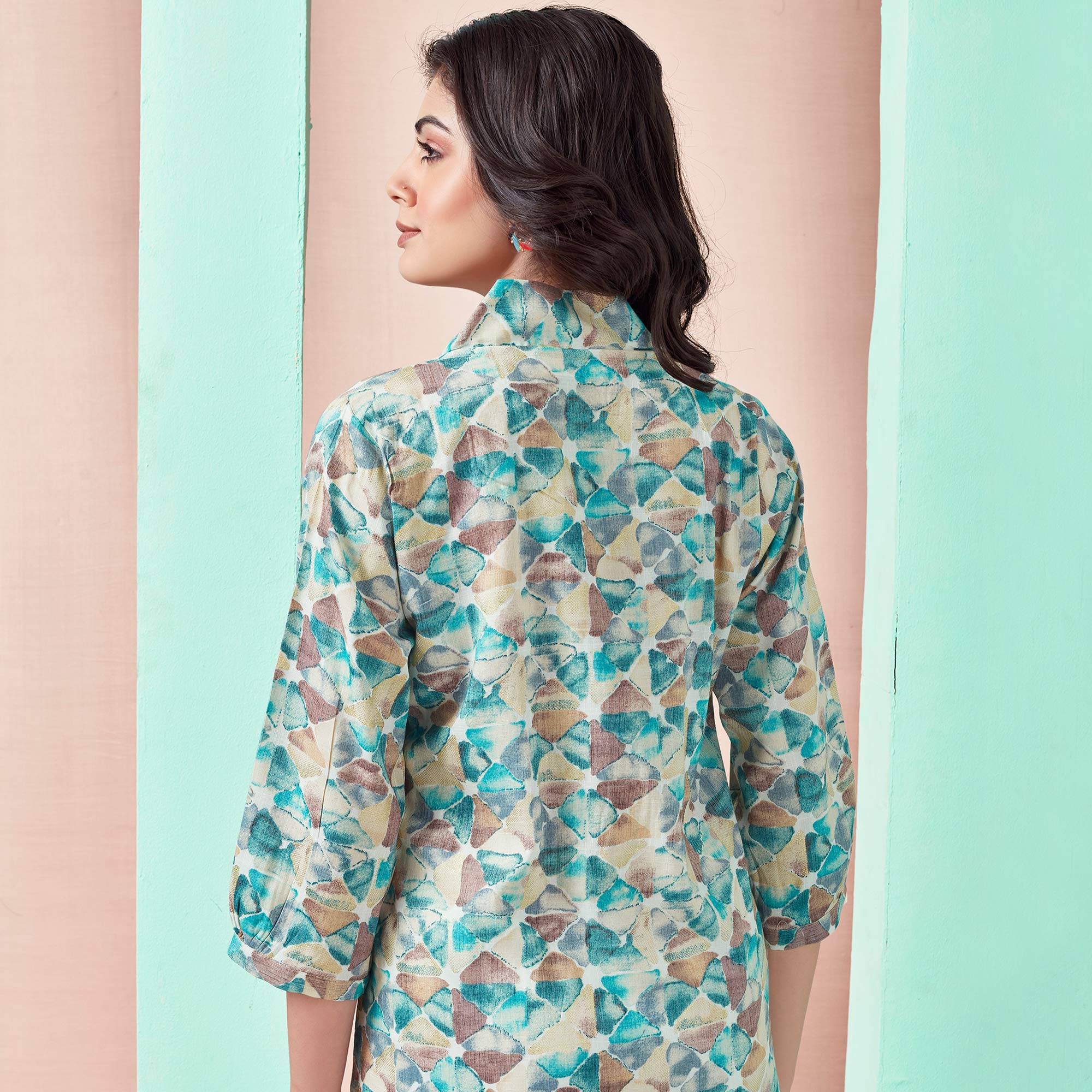 Turquoise Foil Printed Rayon A-Line Top