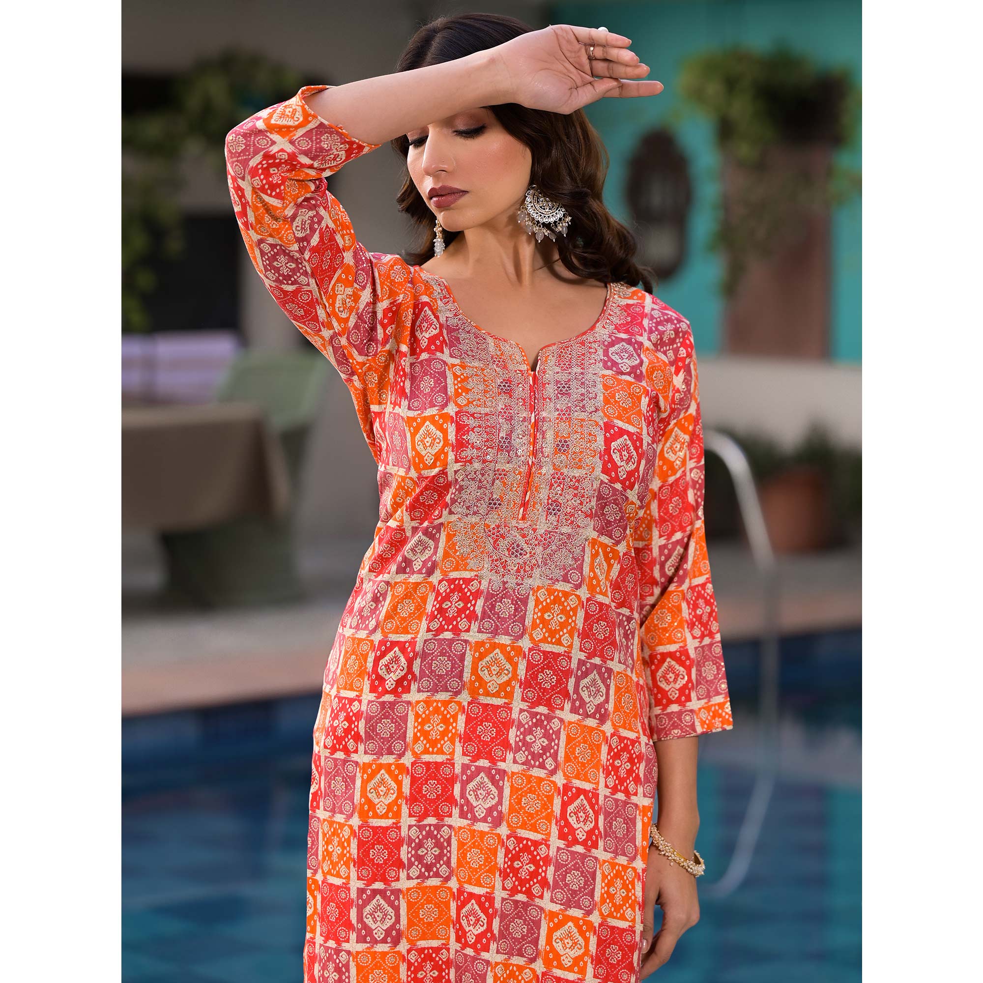 Red & Orange Bandhani Foil Printed Rayon Straight Kurti