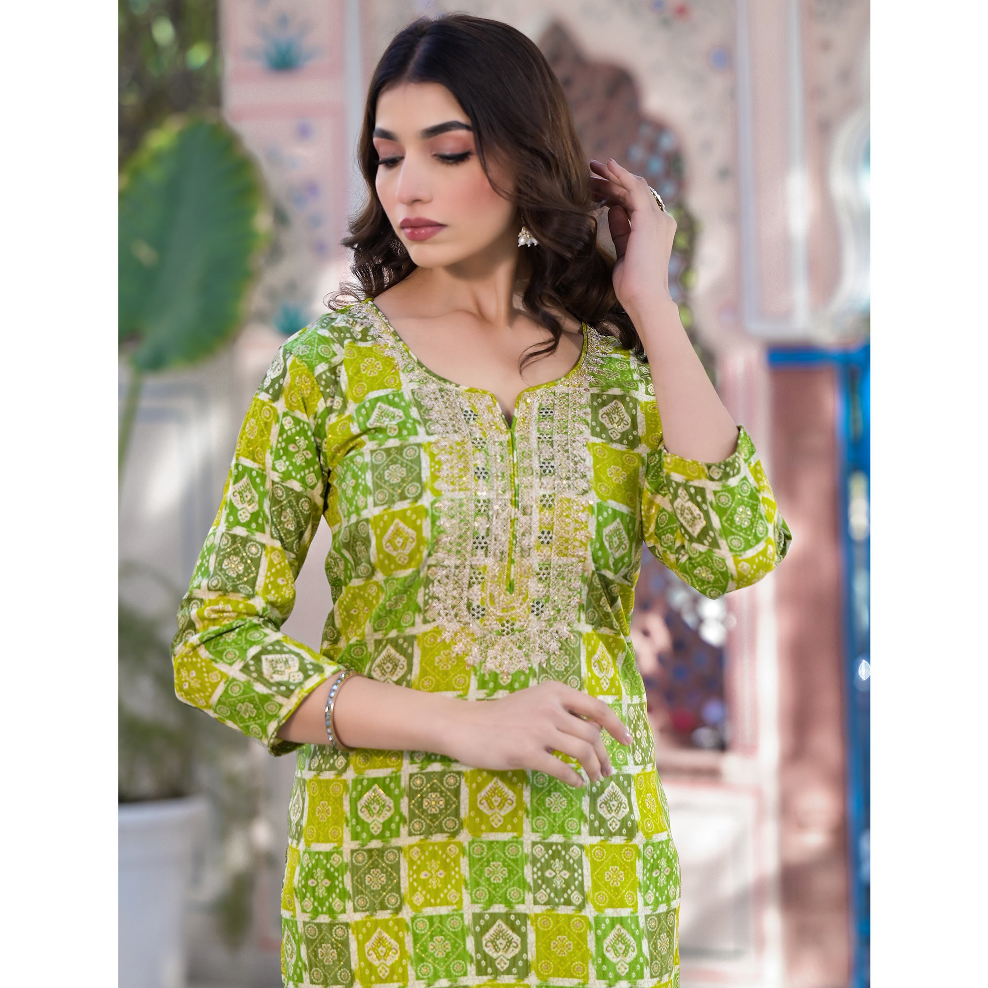 Yellow & Green Bandhani Foil Printed Rayon Straight Kurti