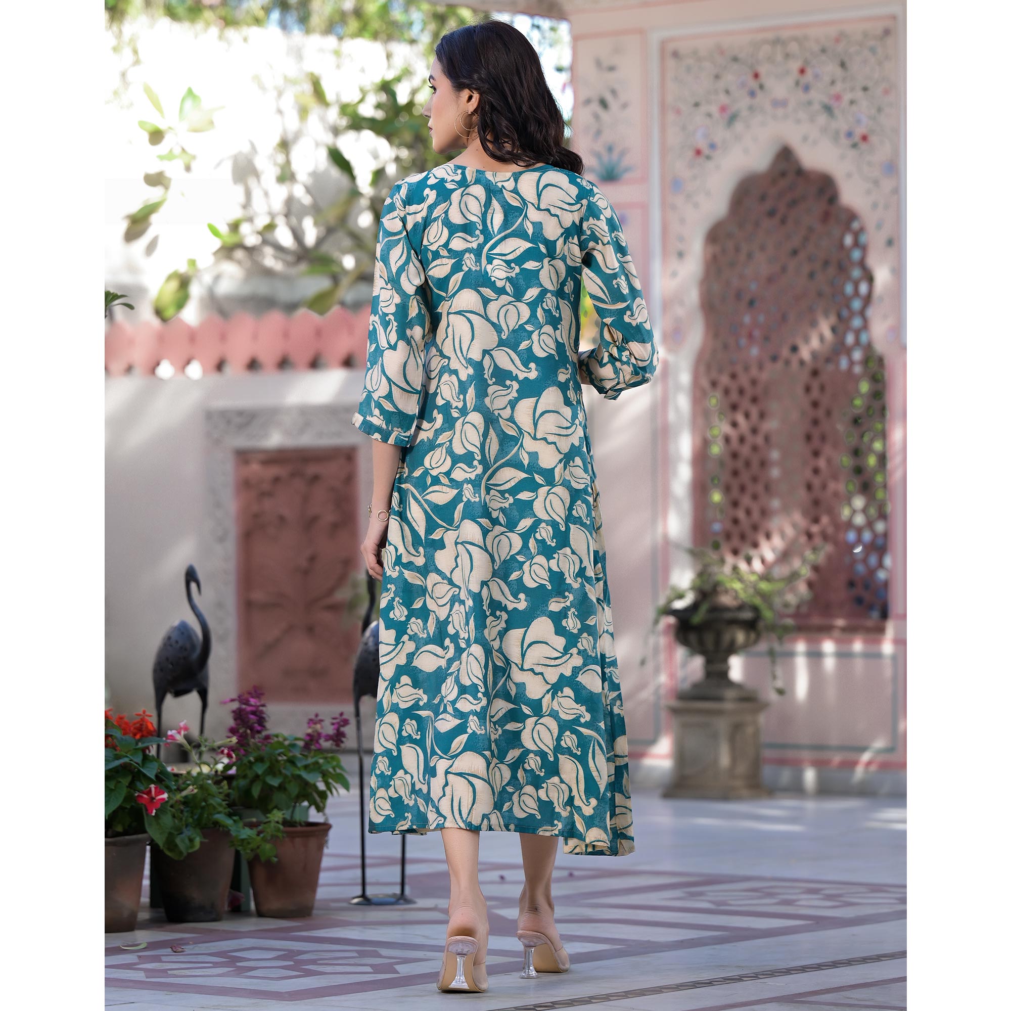 Turquoise Floral Printed Chanderi Silk Dress