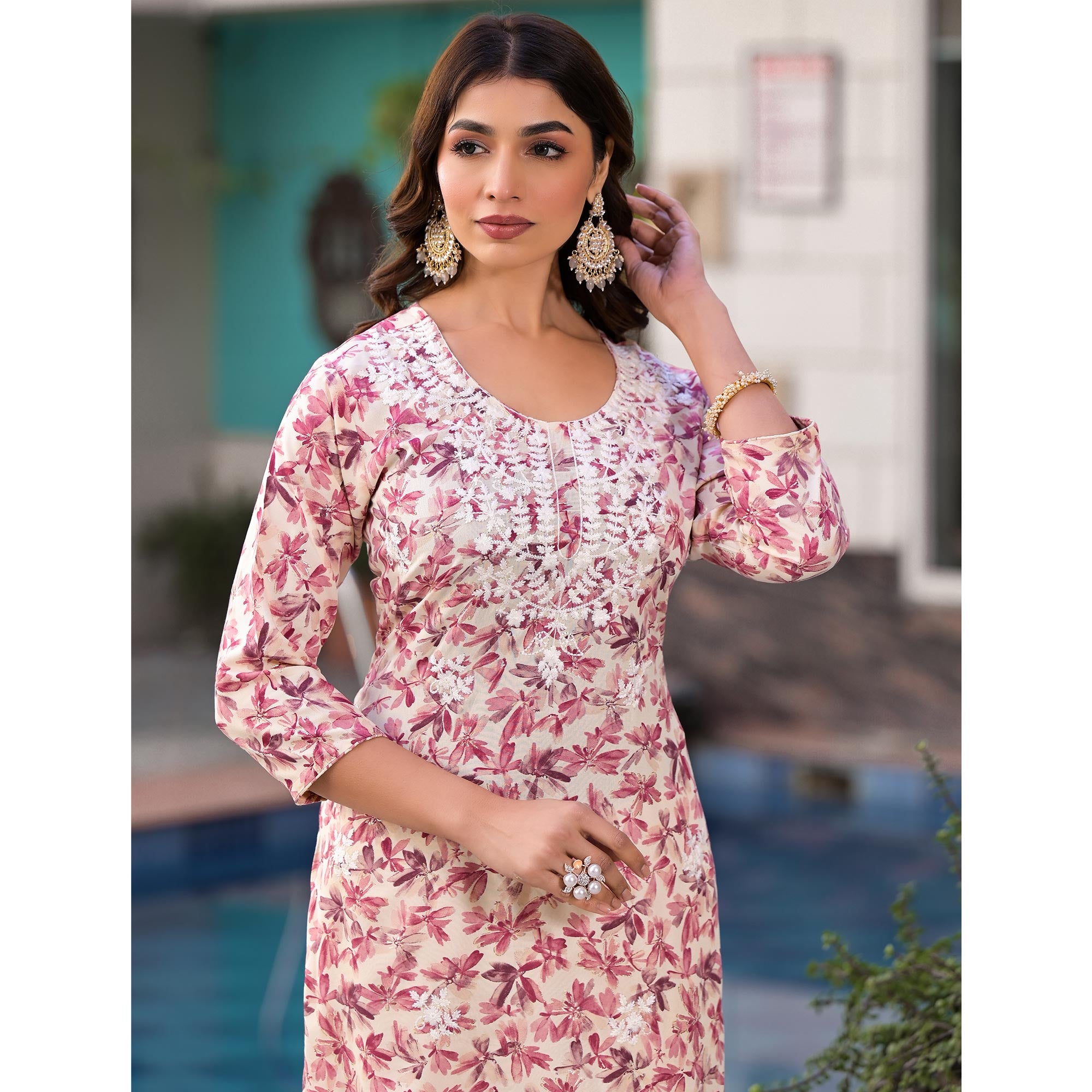 Pink Chikankari Embroidery Rayon Straight Kurti