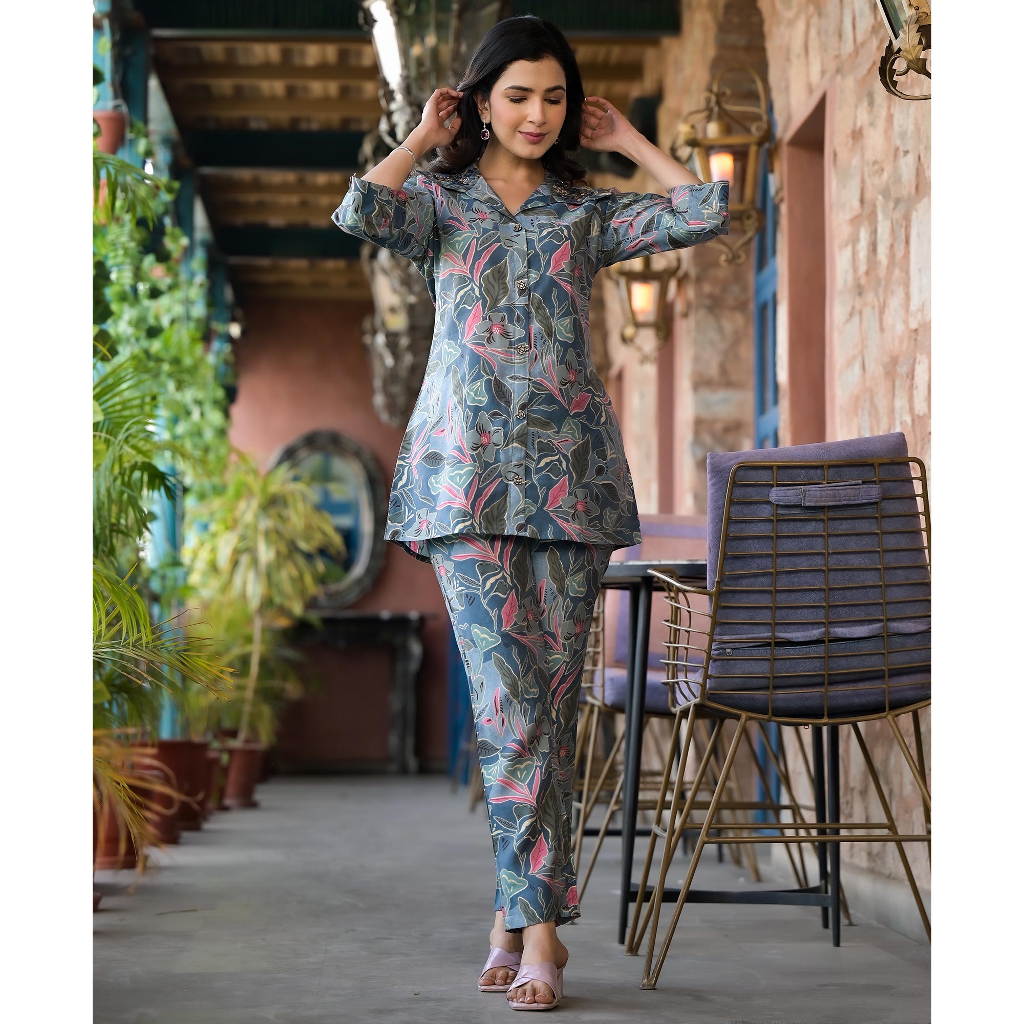 Denim Blue Floral Printed Chanderi Silk Co-Ord Sets With Handcrafted