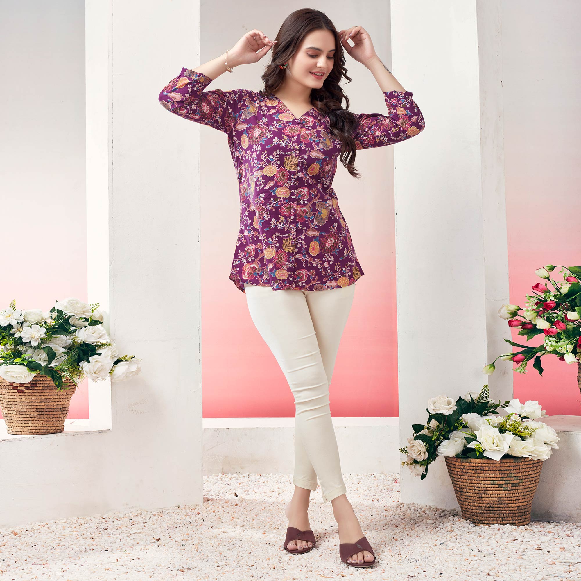 Purple Floral Printed Pure Cotton Top
