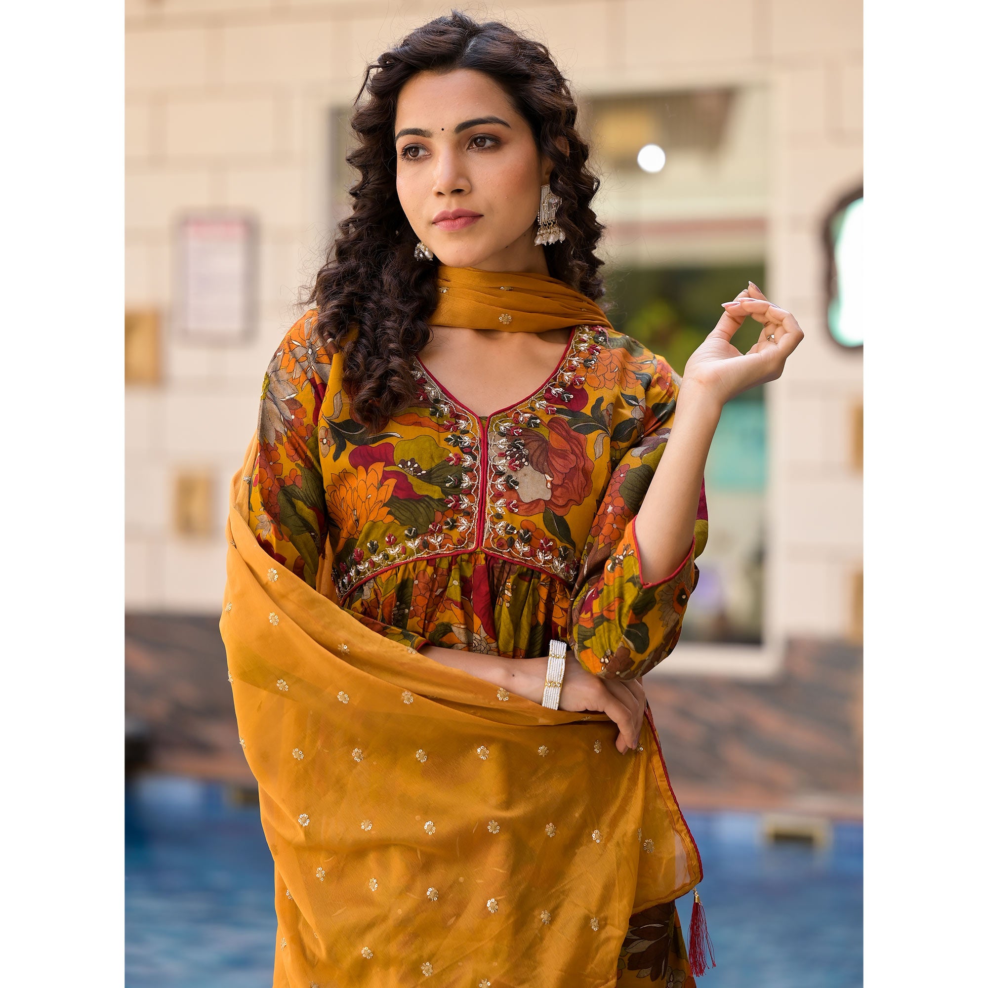 Mustard Floral Foil Printed Chanderi Silk Sharara Suit