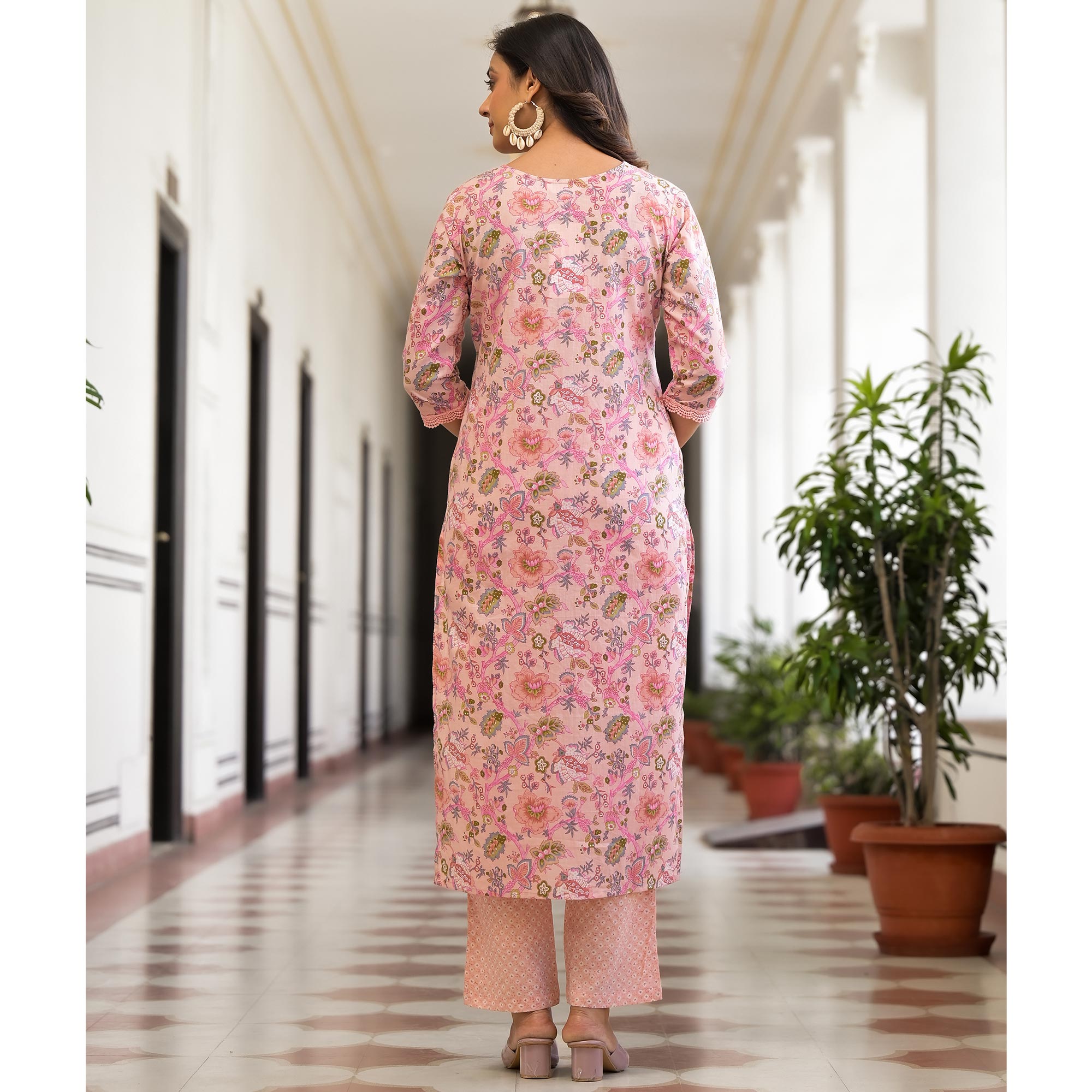 Baby Pink Floral Printed Pure Cotton Straight Salwar Suit