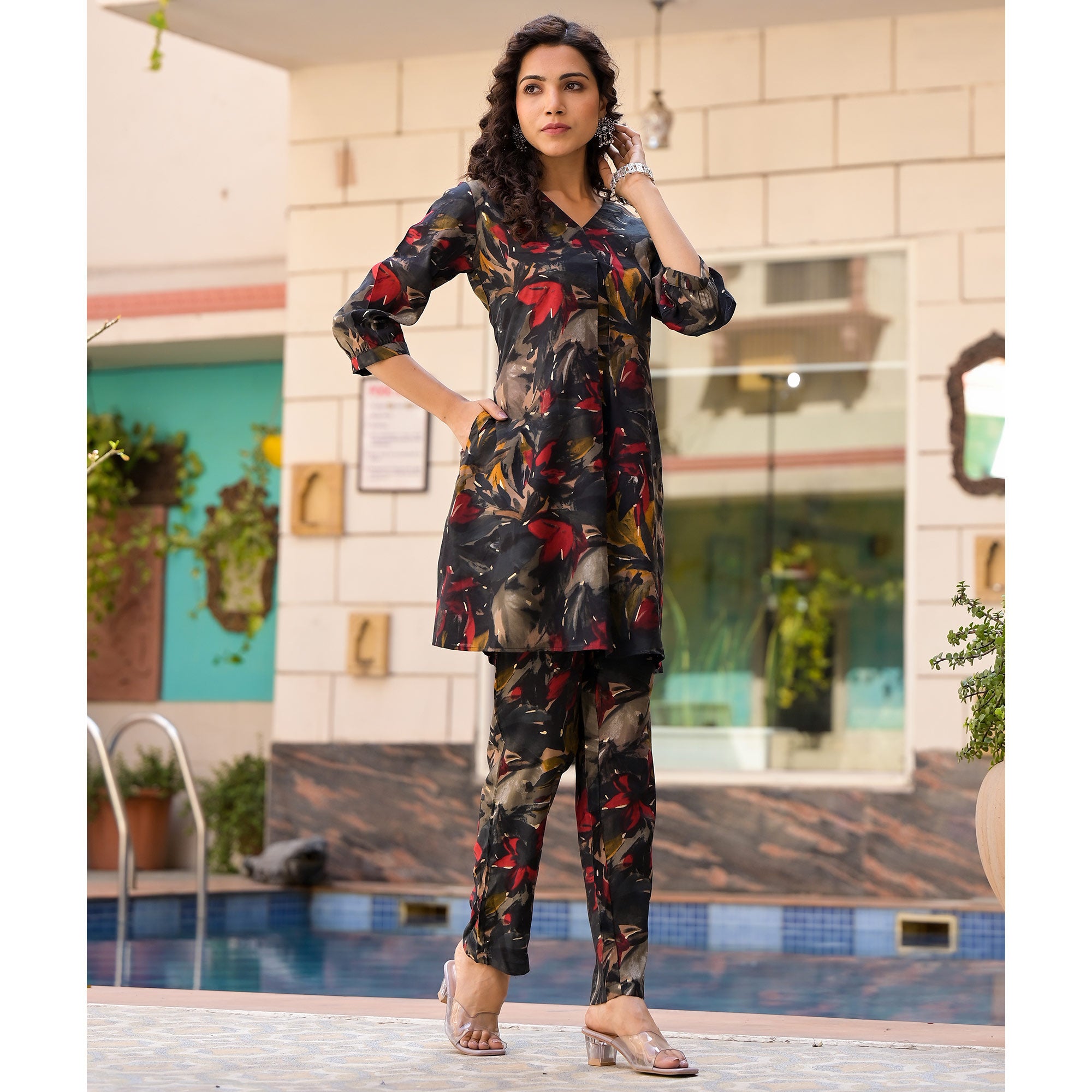 Black Floral Printed Chanderi Silk Co Ord Set